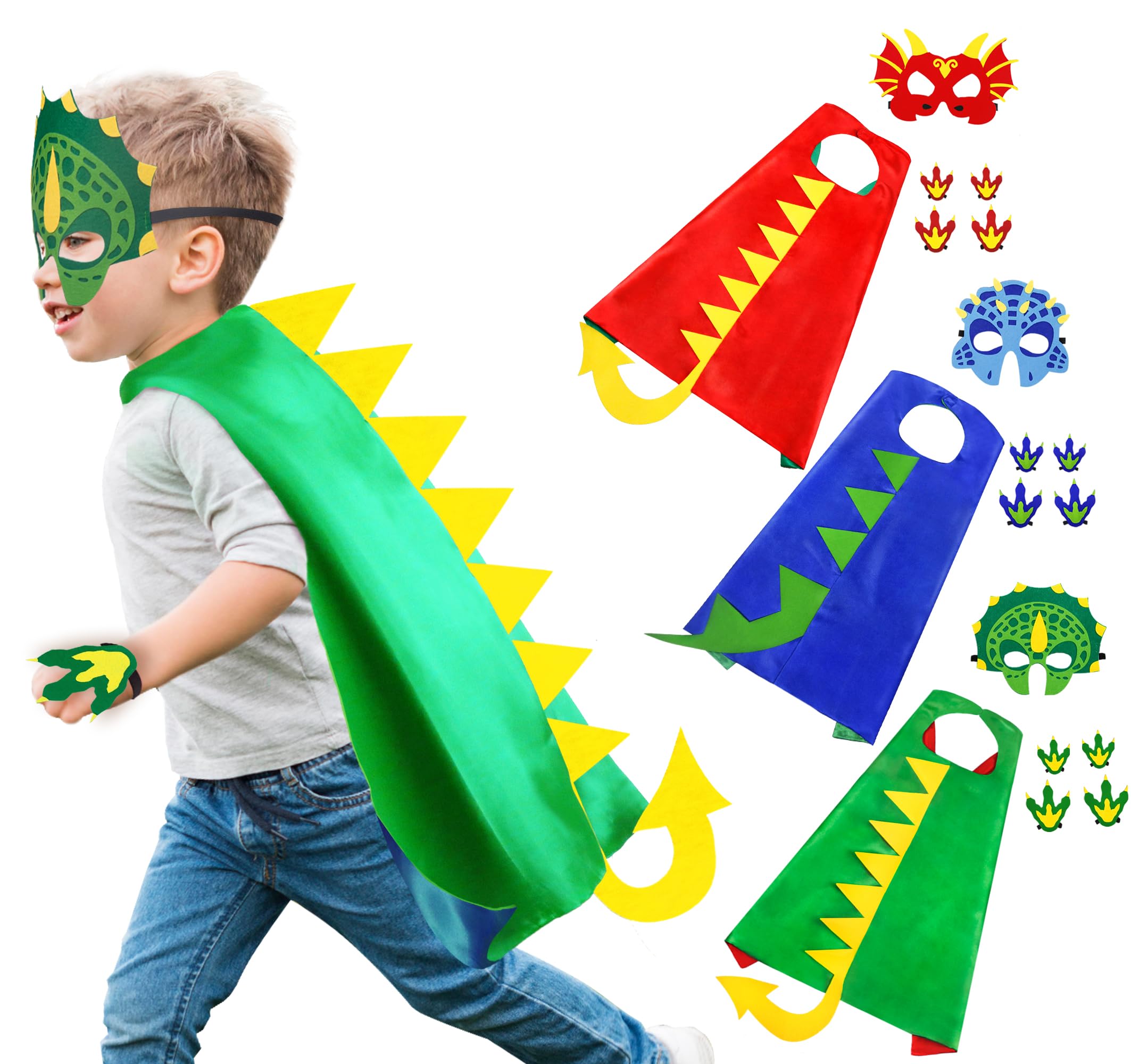 iROLEWIN Dinosaur-Costume for Kids Dragon-Capes Dino Masks Claws as Toddlers Dress-up Birthday Gifts Party Toys 3+ Boy Girls