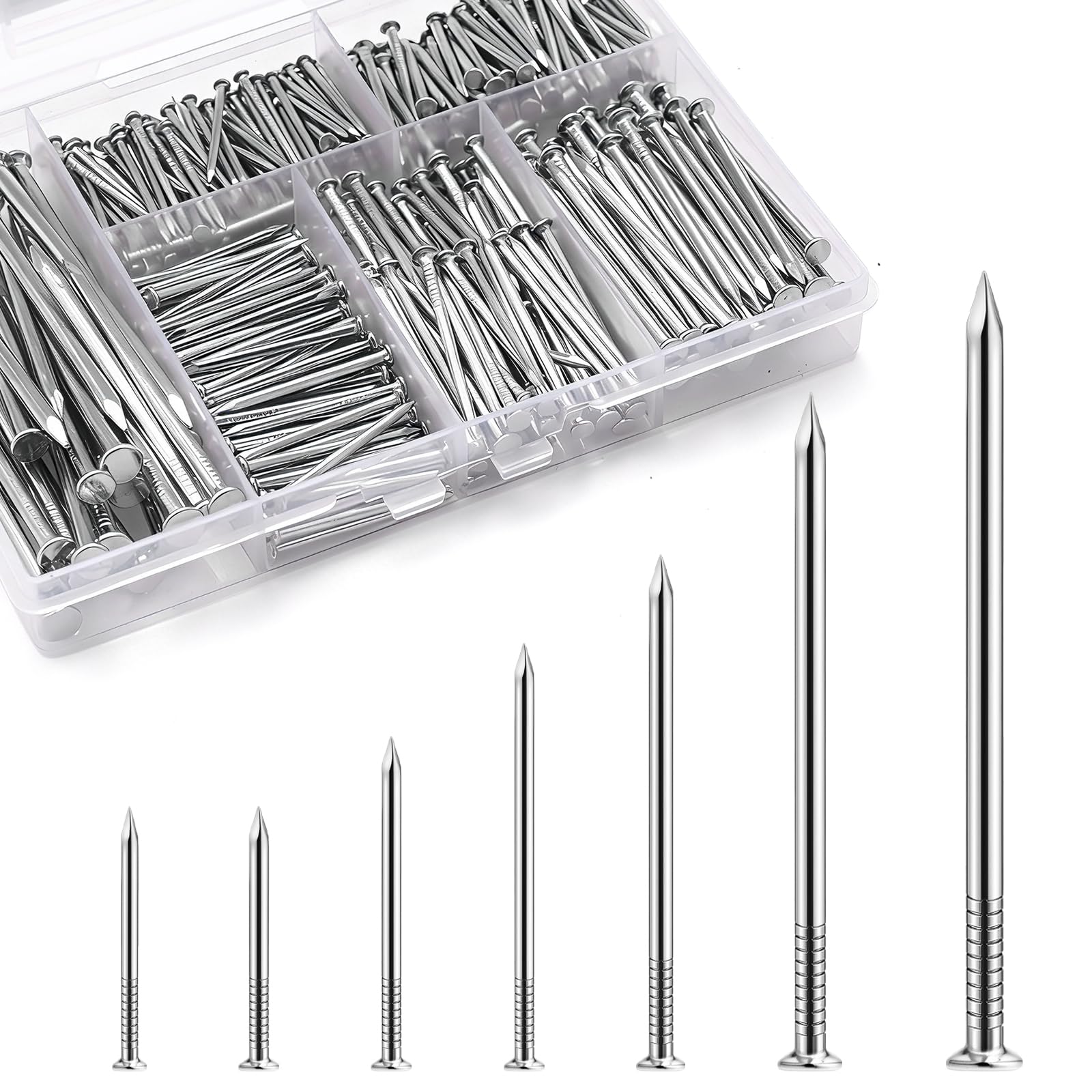 KOAMLY 510 Pcs Hardware Nails Stainless Steel Nails Assortment Kit,7 Sizes Mix Rust-Proof Common Nails for Wood, Fence, Furniture, Crafts & DIY Projects – Practical Fastener Kit Saves Your Time