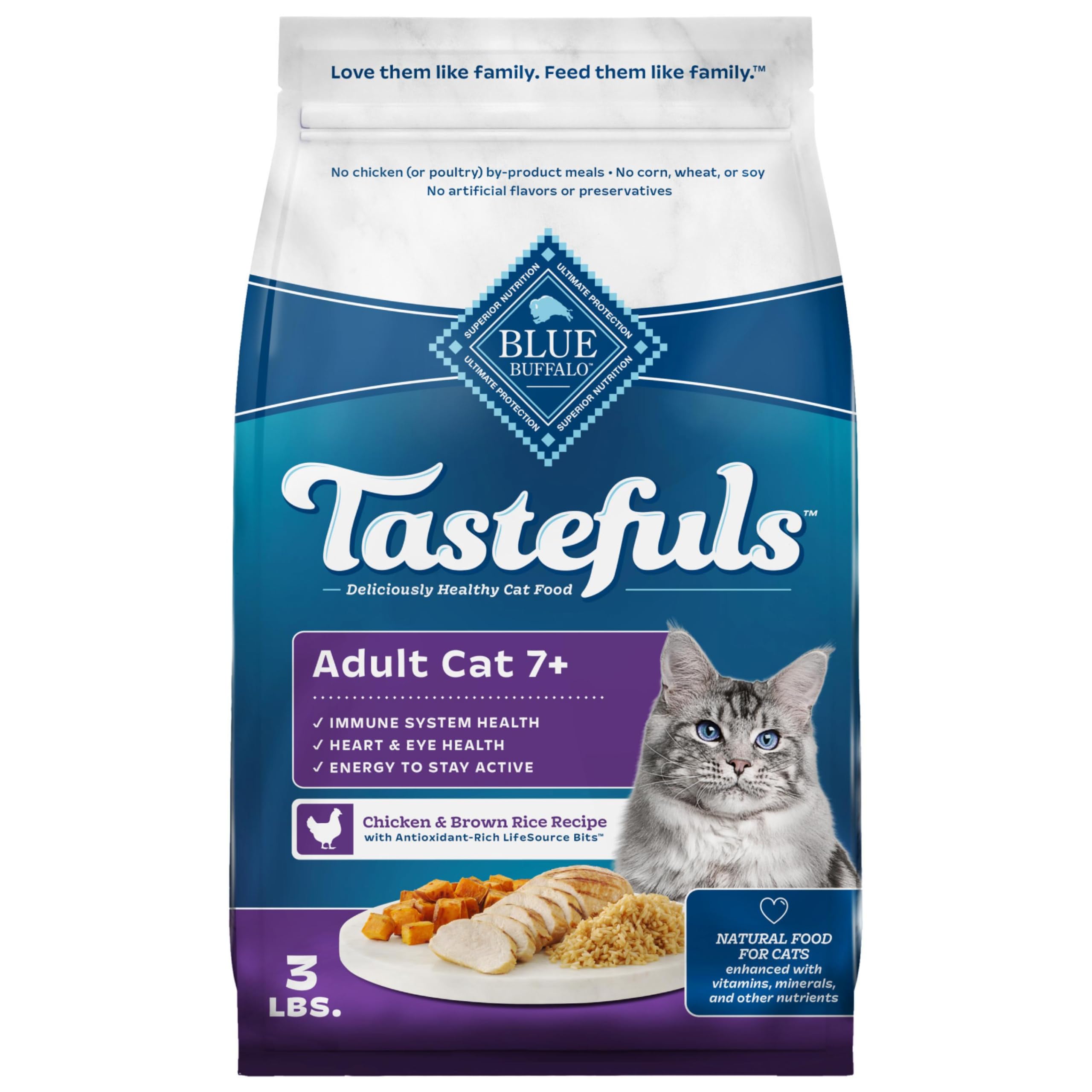 Blue Buffalo Tastefuls Mature Dry Cat Food for Adult Cats 7+, Made in the USA with Natural Ingredients, Chicken & Brown Rice Recipe, 3-lb. Resealable Bag