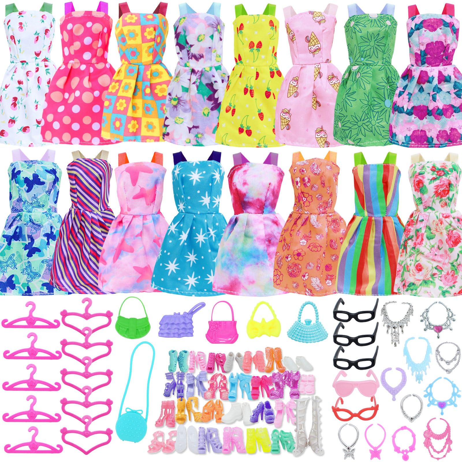 42 pcs Doll Clothes and Accessories Including 10 pcs Fashion Mini Dresses 32 pcs Shoes, Glasses, Necklaces, Handbag, Hangers Accessories for 11.5 Inch Girl Doll
