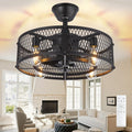 DLLT Caged Ceiling Fan with Light: 20" Farmhouse Fandelier with Lights and Remote Control - Black Rustic Semi Flush Mount Bladeless Ceiling Fans Enclosed Fan for Bedroon Kitchen Living Dining Room