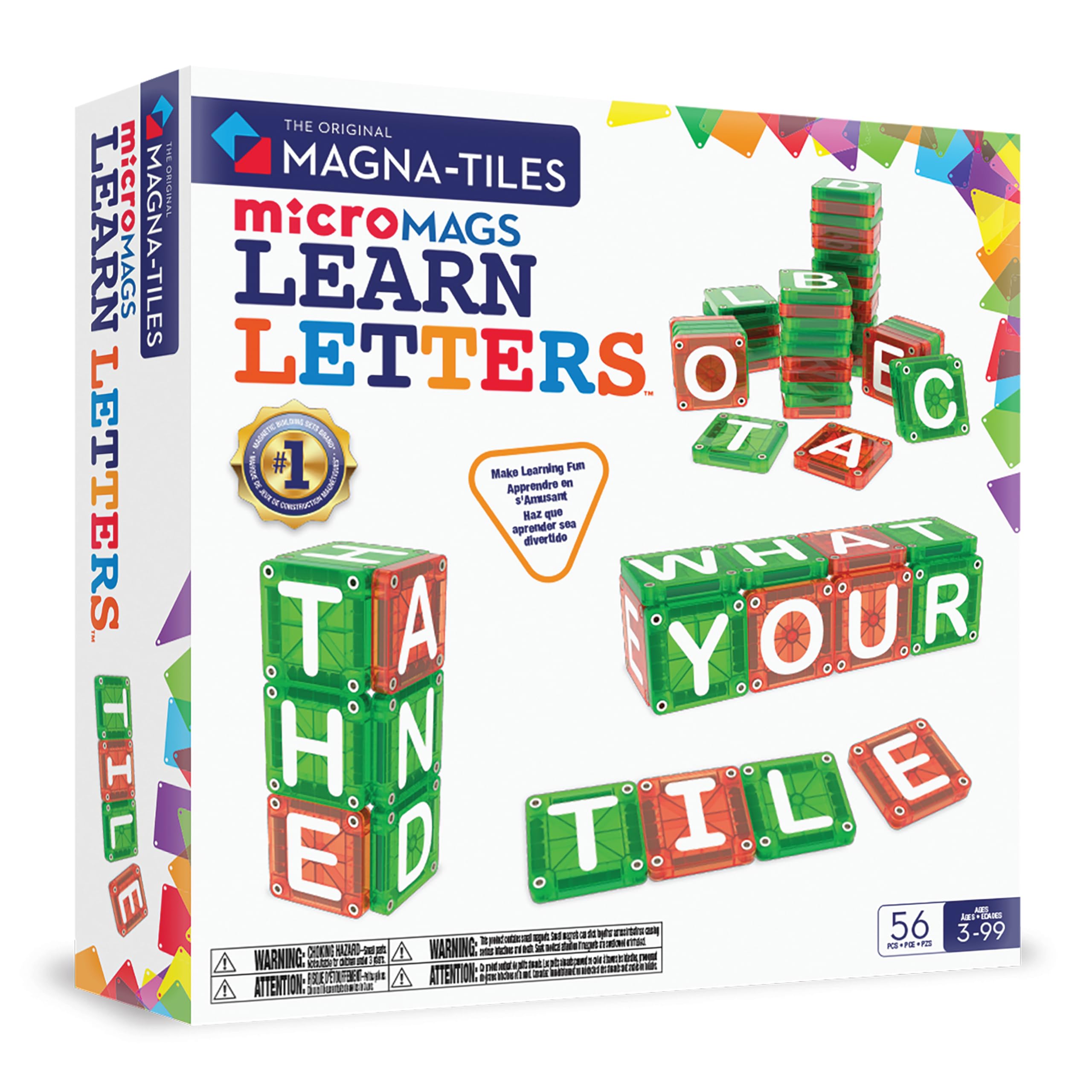 MAGNA-TILES microMAGS Learn Letters 56-Piece Magnetic Construction Set, The Original Magnetic Building Brand
