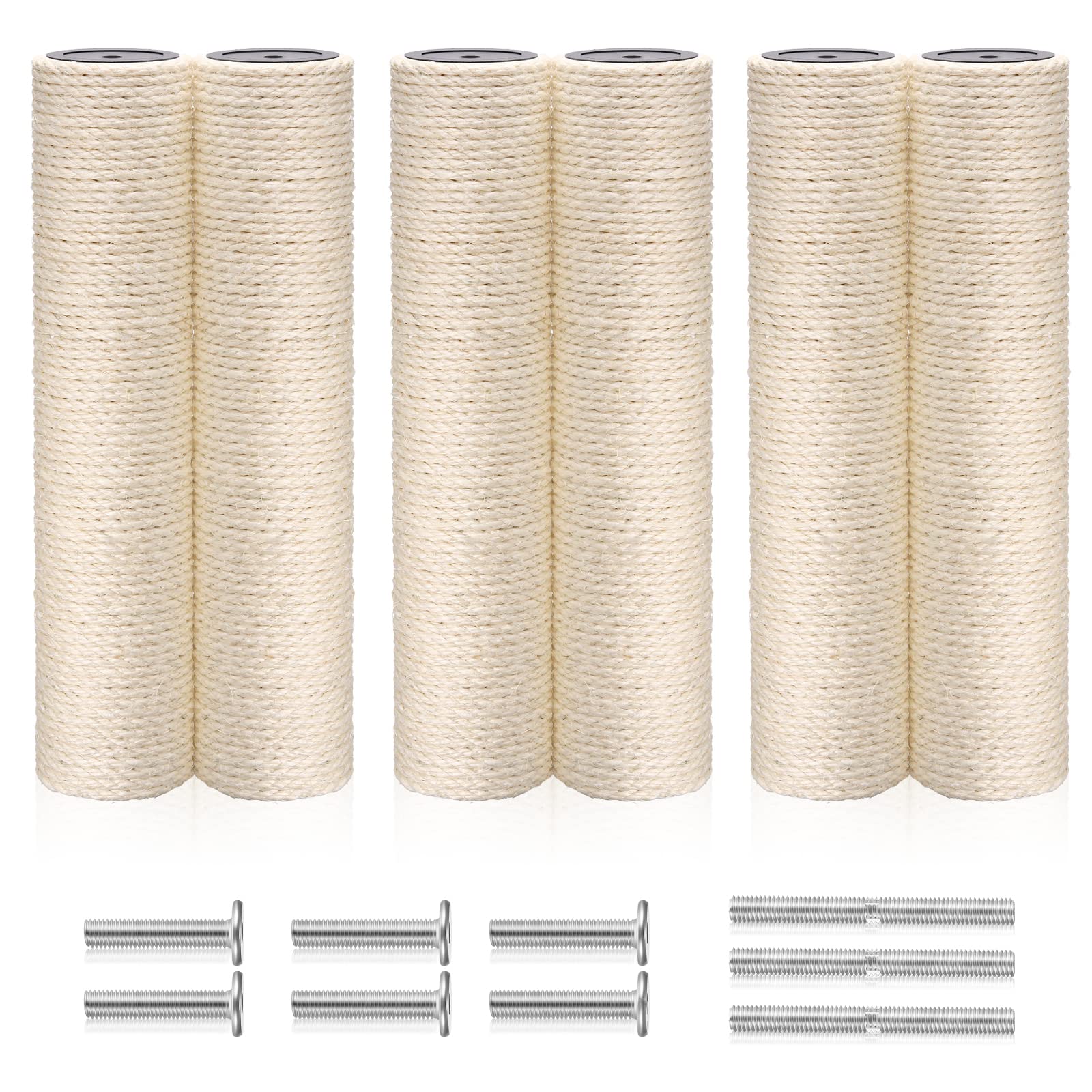 6 Pack Cat Scratching Post Replacement, White Hemp Rope Refill Scratching Post Cat Tree DIY Spare Cat Scratcher Large Cat Tower Refurbishment for Indoor Cats with M8 Screws, 3.5 x 15.8 Inches