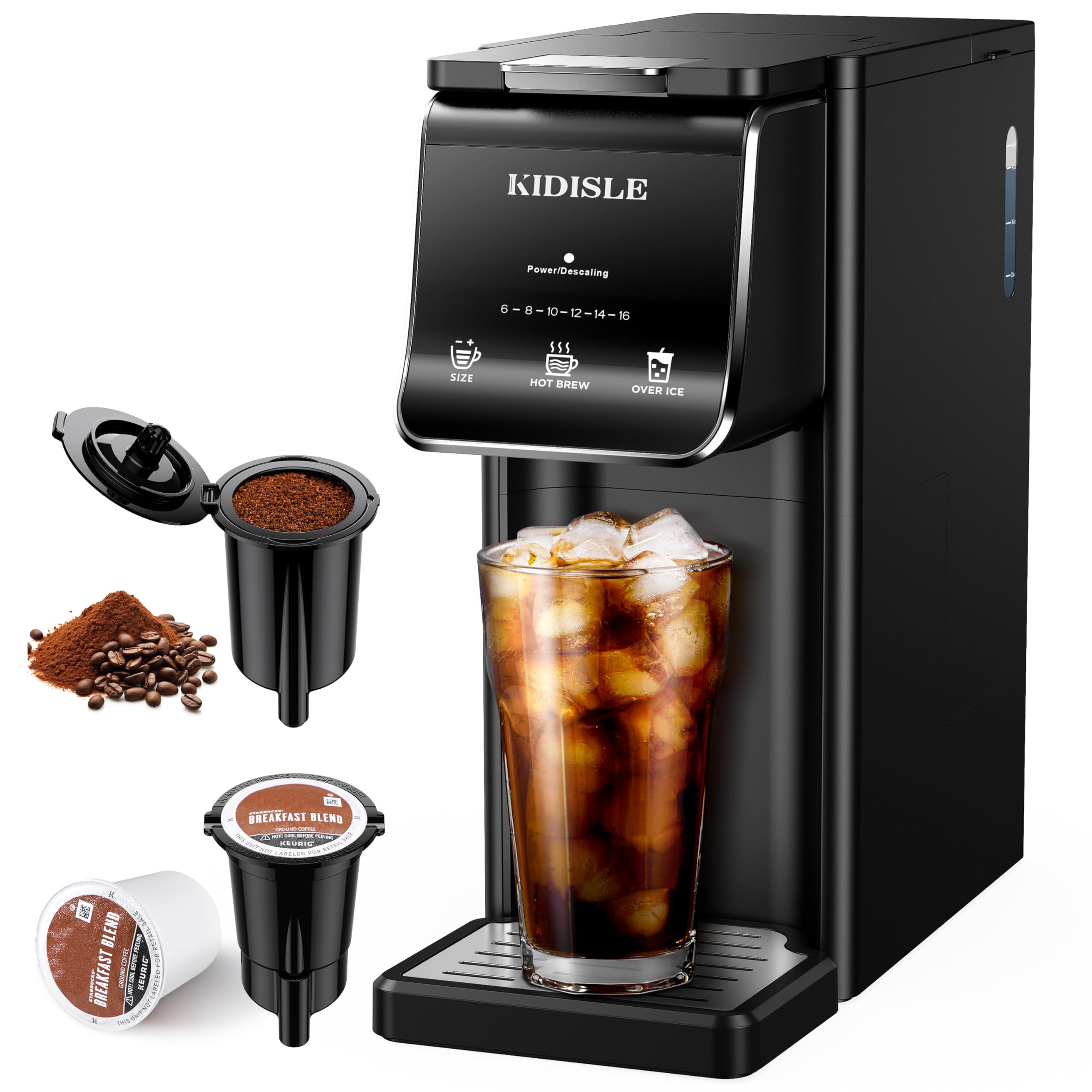 KIDISLE Hot & Iced Single Serve Coffee Maker for K Cup & Grounds, 6–16oz Brew Sizes, 40oz Water Tank, Reusable Pod Filter, Easy-to-Use for Home, Office, Dorm, Black