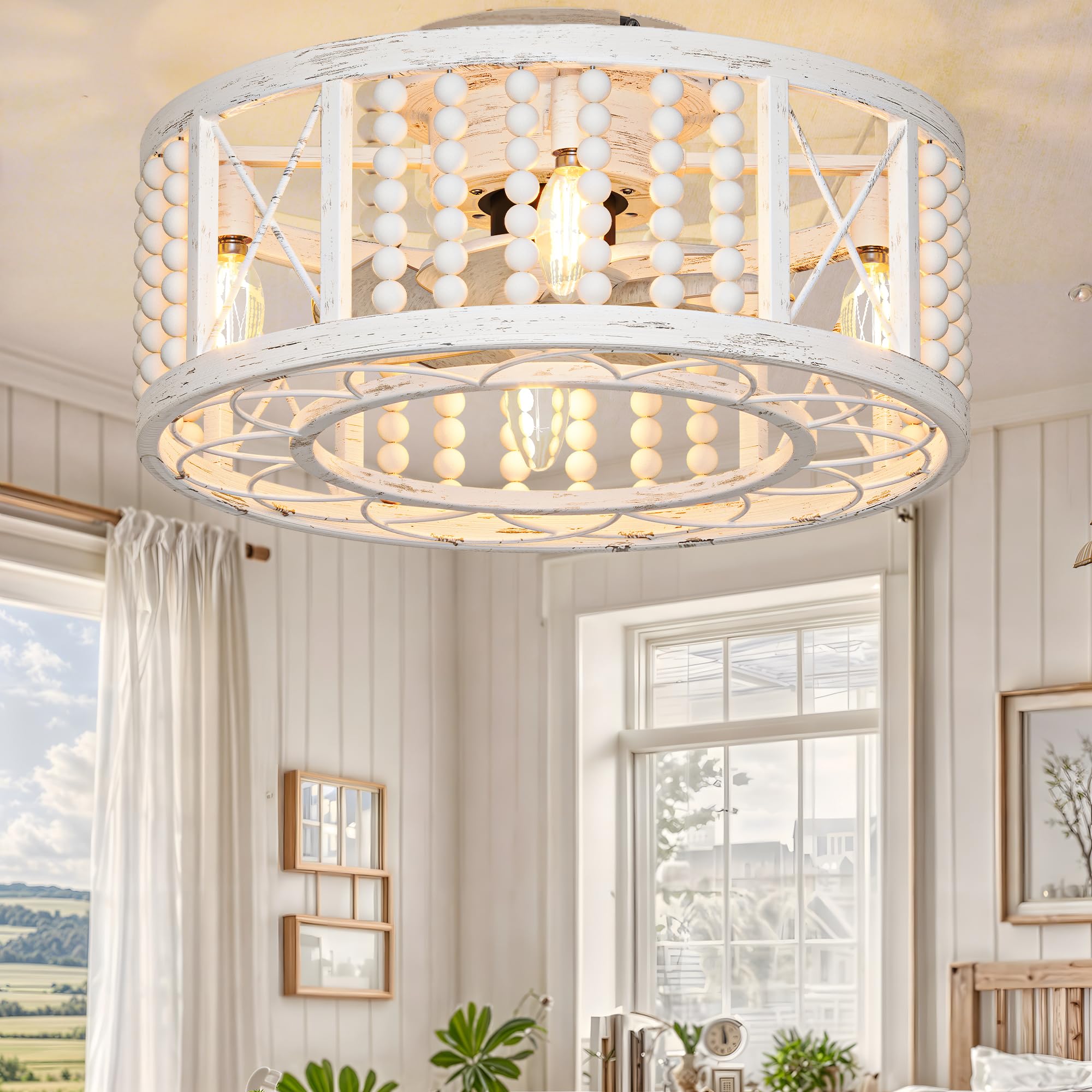 DWVO 18.5 Inch Caged Ceiling Fan with Lights and Remote, Beaded Decor, Farmhouse Flush Mount Ceiling Light Fixture with Reversible DC Motor, 6 Speeds, for Bedroom, Living Room, Dining Room (Off-White)