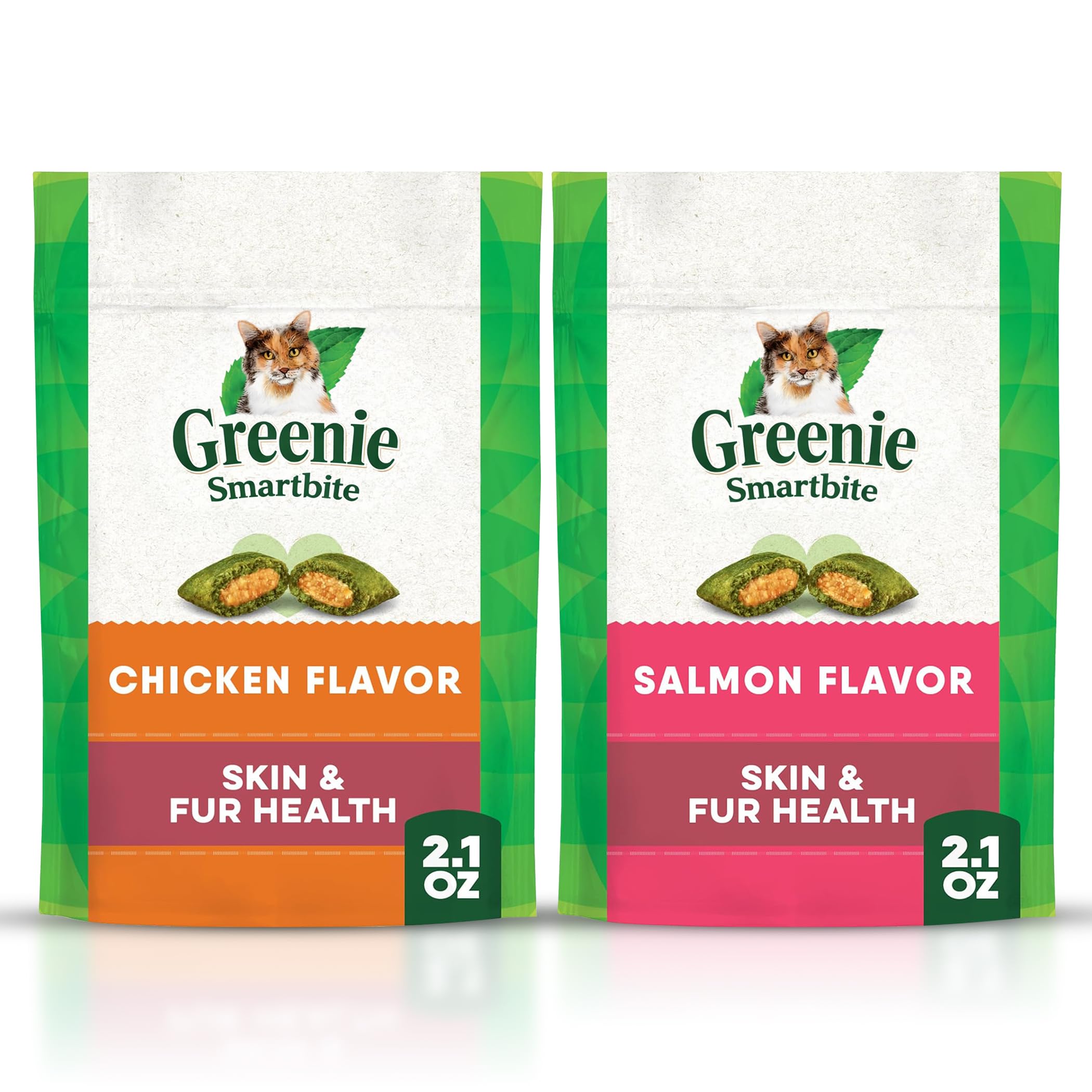 Salmon Cat Treats for Skin & Fur Health, Pack of 2 Chicken & Salmon Flavor Crunchy and Soft Cat Treats (2.1 oz Each) with Microfiber Cleaning Cloth