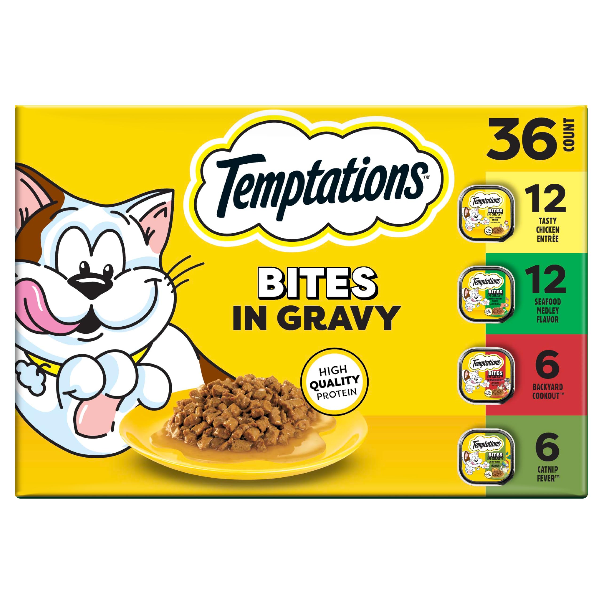 Temptations Bites in Gravy Adult Wet Cat Food Tasty Chicken Entree, Seafood Medley, Backyard Cookout, and Catnip Fever, 3.5 oz. Trays (36 Count, Pack of 1)