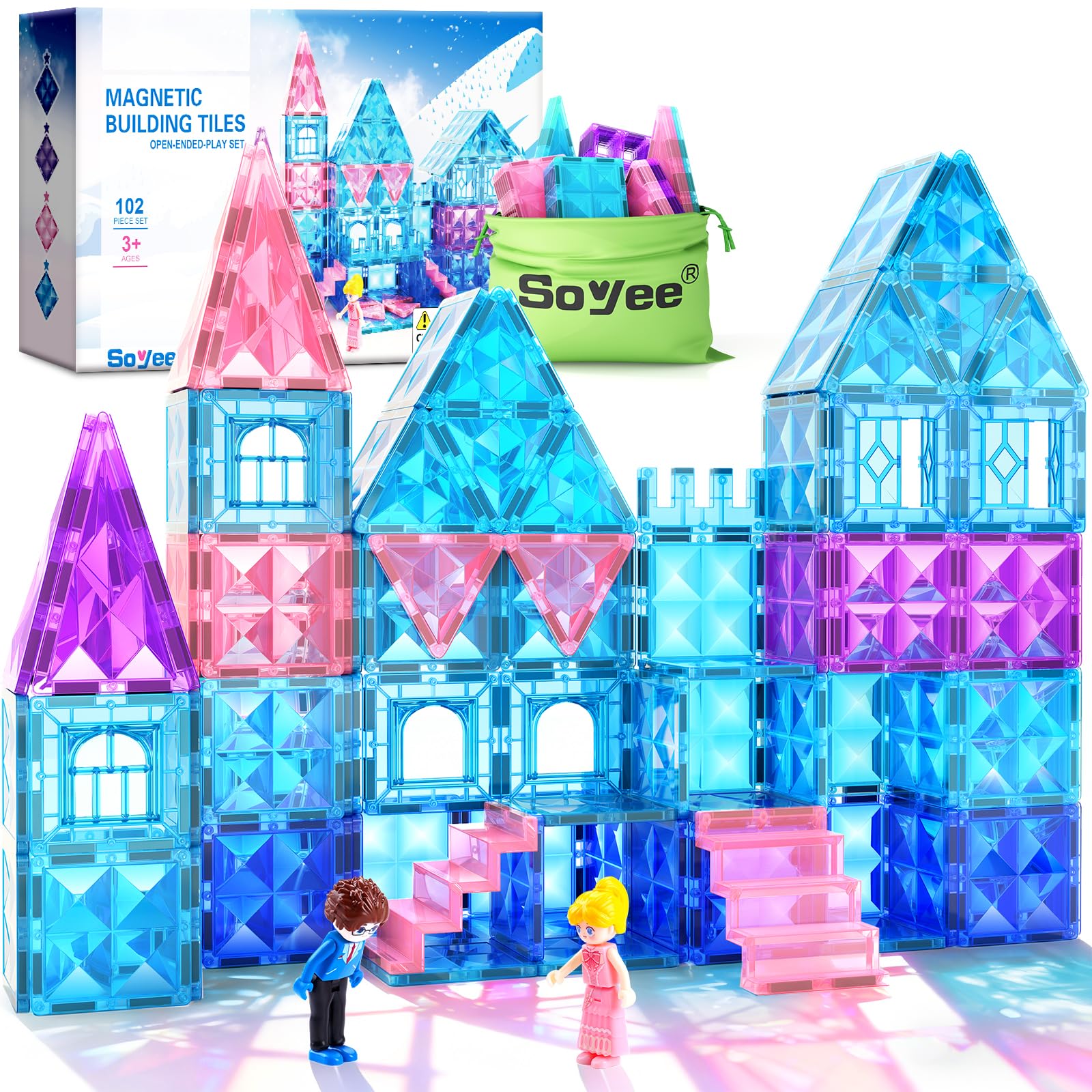Magnetic Tiles 102pcs with 2 Stairs 2 Dolls Princess Castle Building Girls Toys Age 4-5 6-8 Magnetic Blocks Birthday Xmas Gifts for Girls Toys for 3 4 5 6 7 8+ Year Old