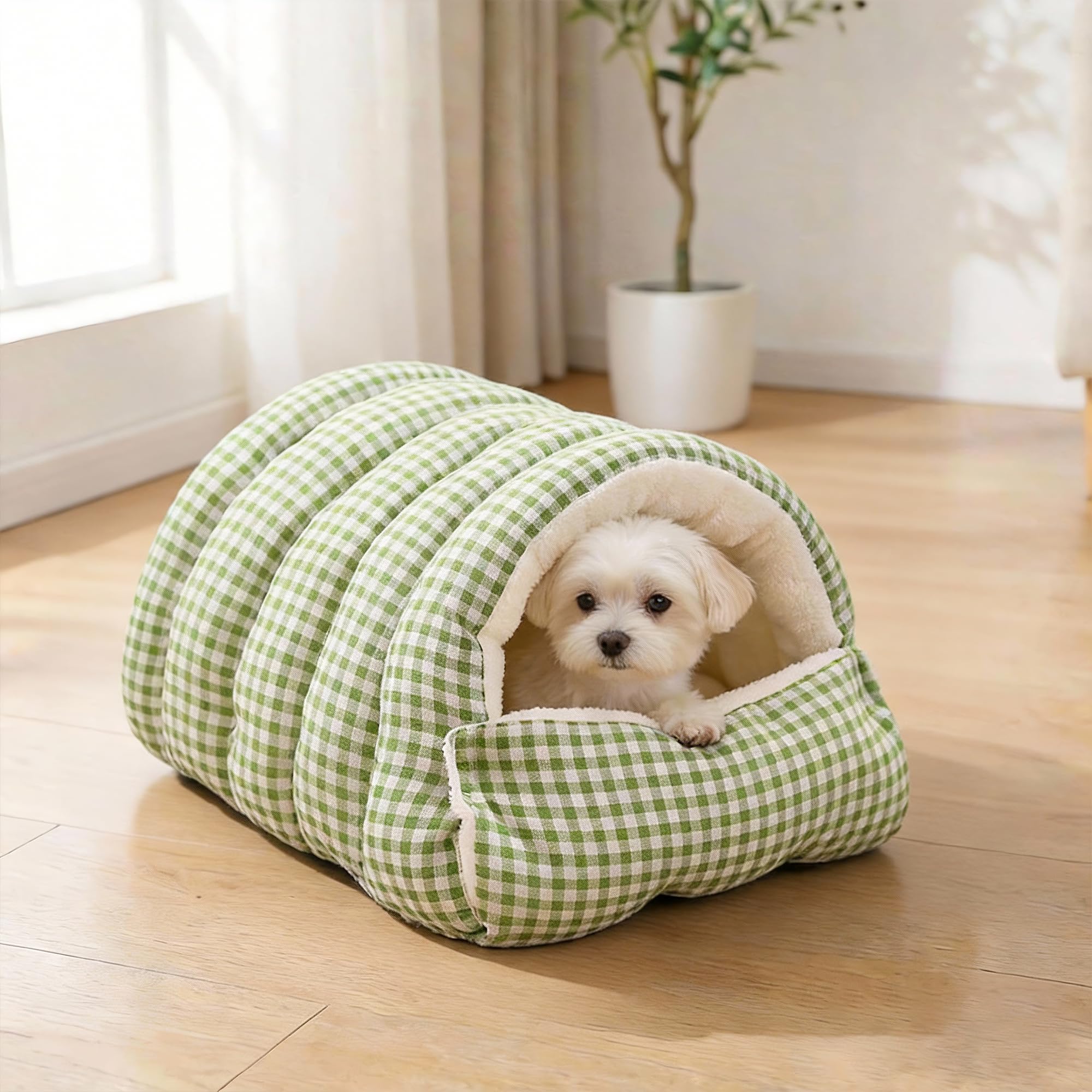 Small Cat Dog Cave Bed Calming Pet Nest Warm Plush Covered Cat House with Hooded Blanket Removable Hooded Blanket Cushion Washable Soft Calming Indoor Cat Bed(Green, Small)