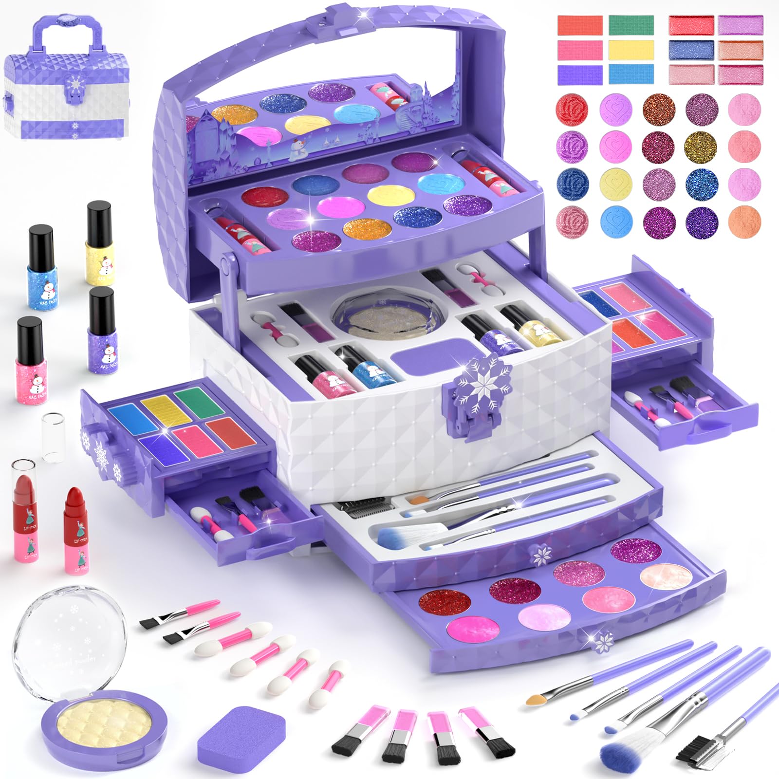GirlsHome 57 Pcs Kids Makeup Kit for Girls, Non-Toxic Washable Real Cosmetic,Frozen Toys Toddler Makeup Kit,2026 New CPF Sustainable Materials,Birthday Gift for Girls Aged 3 4 5 6 7 8 9 10 11 12