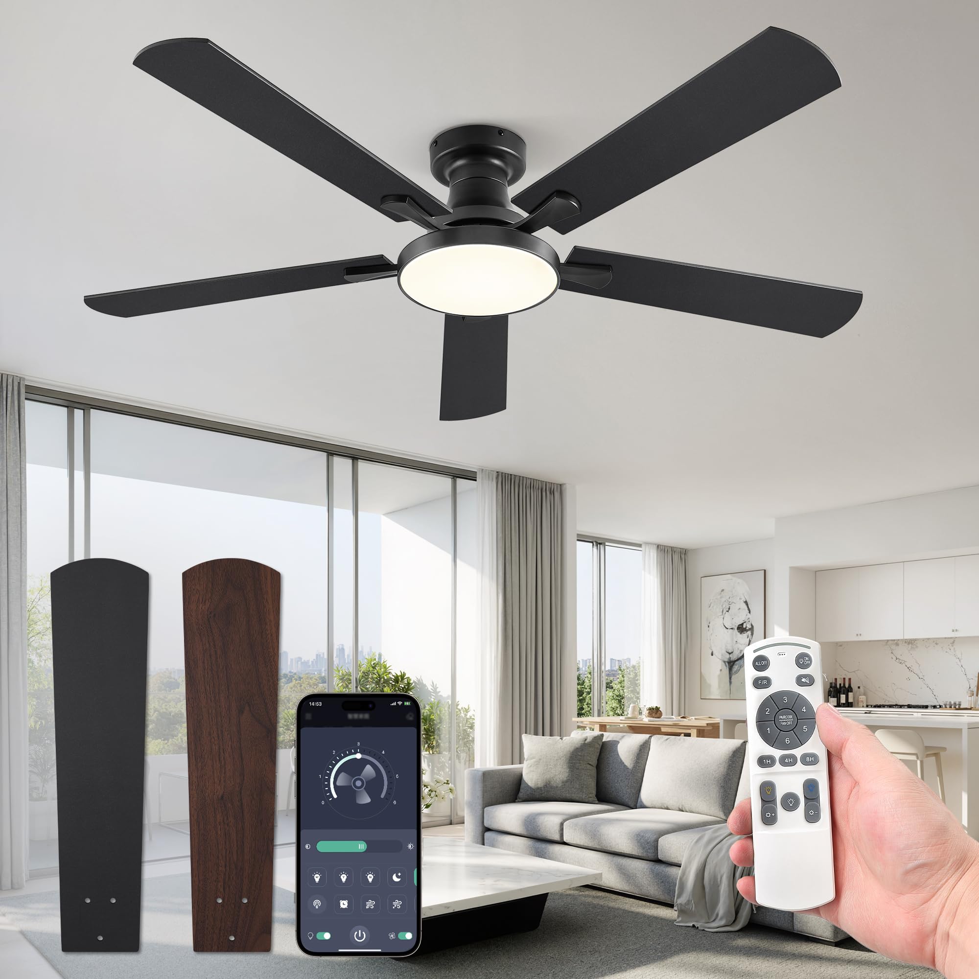 ZMISHIBO 52 Inch Ceiling Fans with Lights, Flush Mount Low Profile Ceiling Fan with 6 Speeds & 3CCT, Smart Remote&APP Control, Dimmable 24W LED Light, Quiet DC Motor for Living Room Bedroom,Black