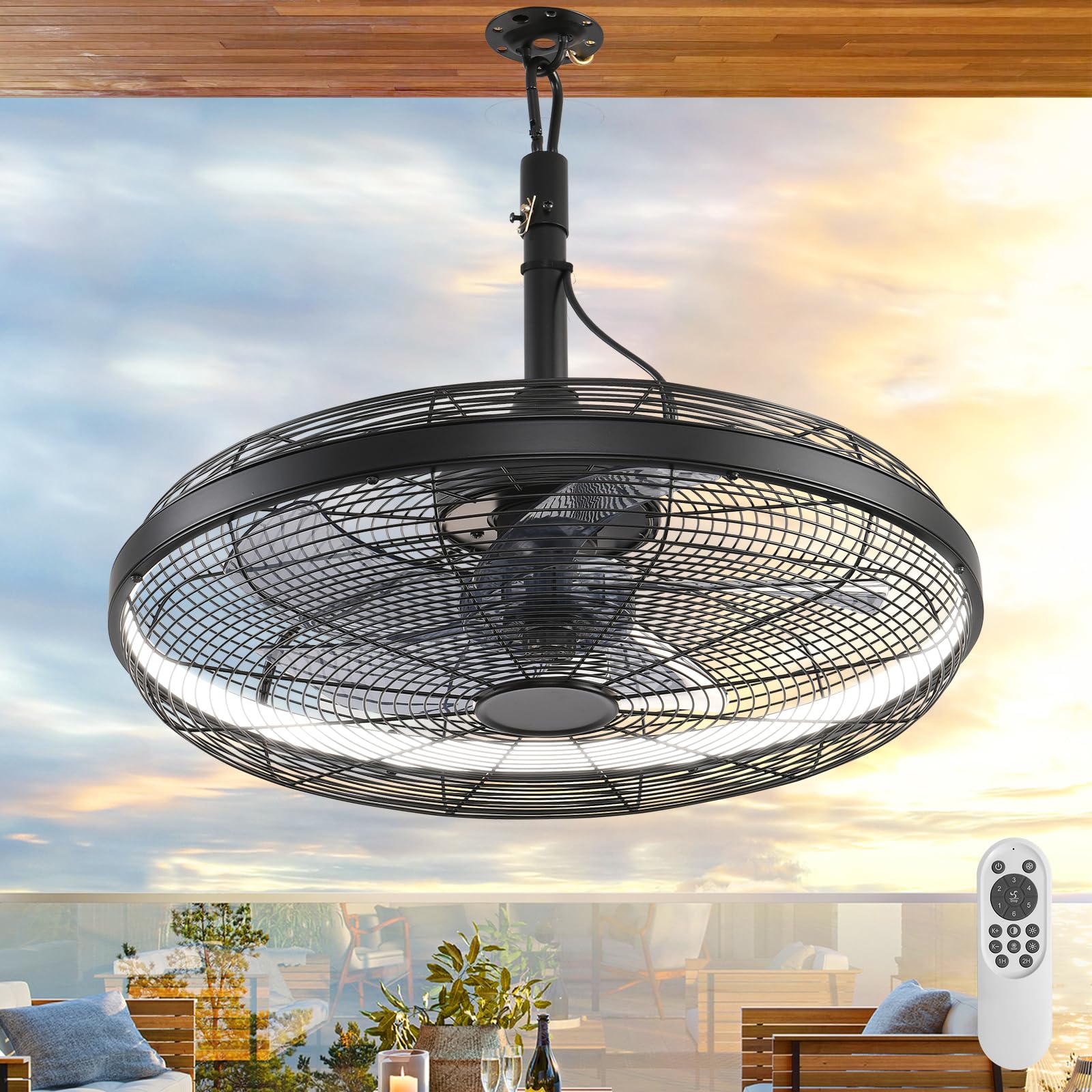 AHAWILL Outdoor Ceiling Fans with Lights, 20'' Gazebo Fan, Plug in Ceiling Fan for Patios, Pergola, Ceiling Fan with Remote Control, Hanging with Hook,Black