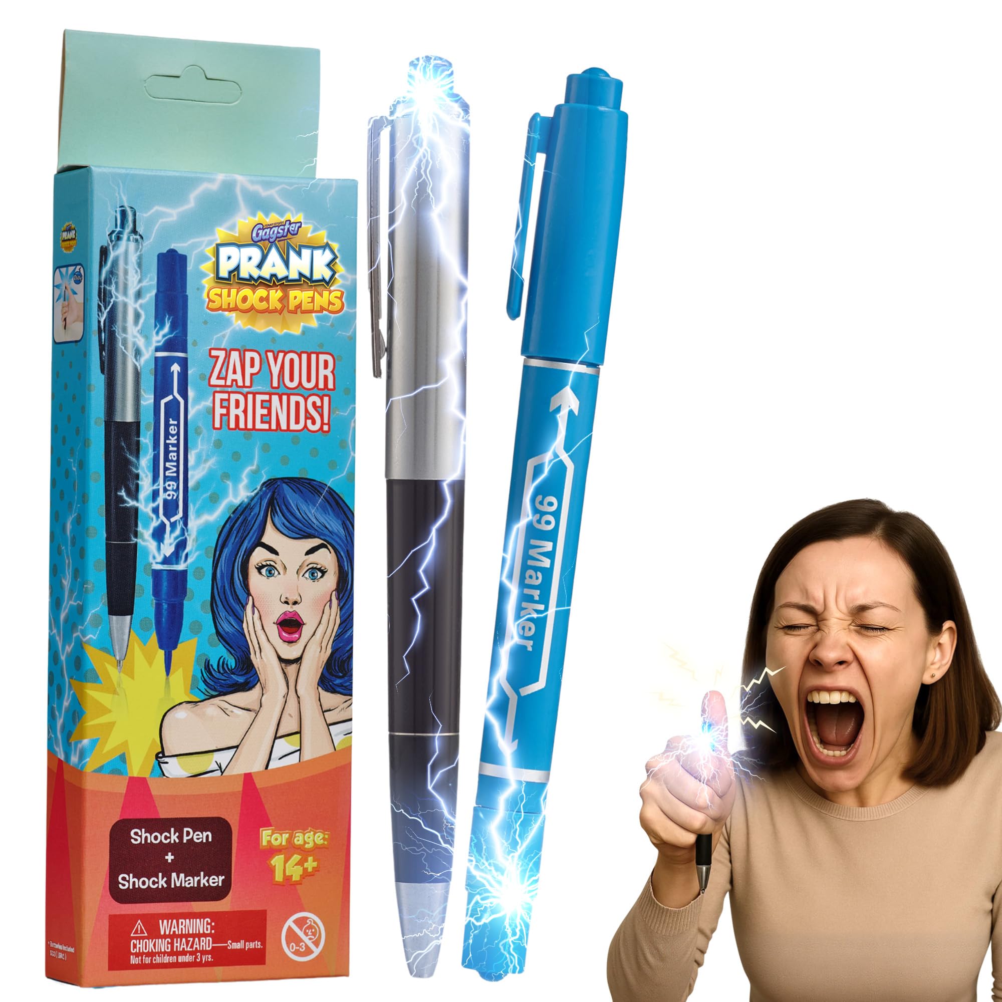 Gagster Electric Shock Pen and Marker Prank Set - Hilarious Gag Gifts for Adults - Fun Office Prank Gadgets - Shocking Stun Pen and Marker - Electric Shock April Fools' Joke Toys - Black/Blue (2-Pack)