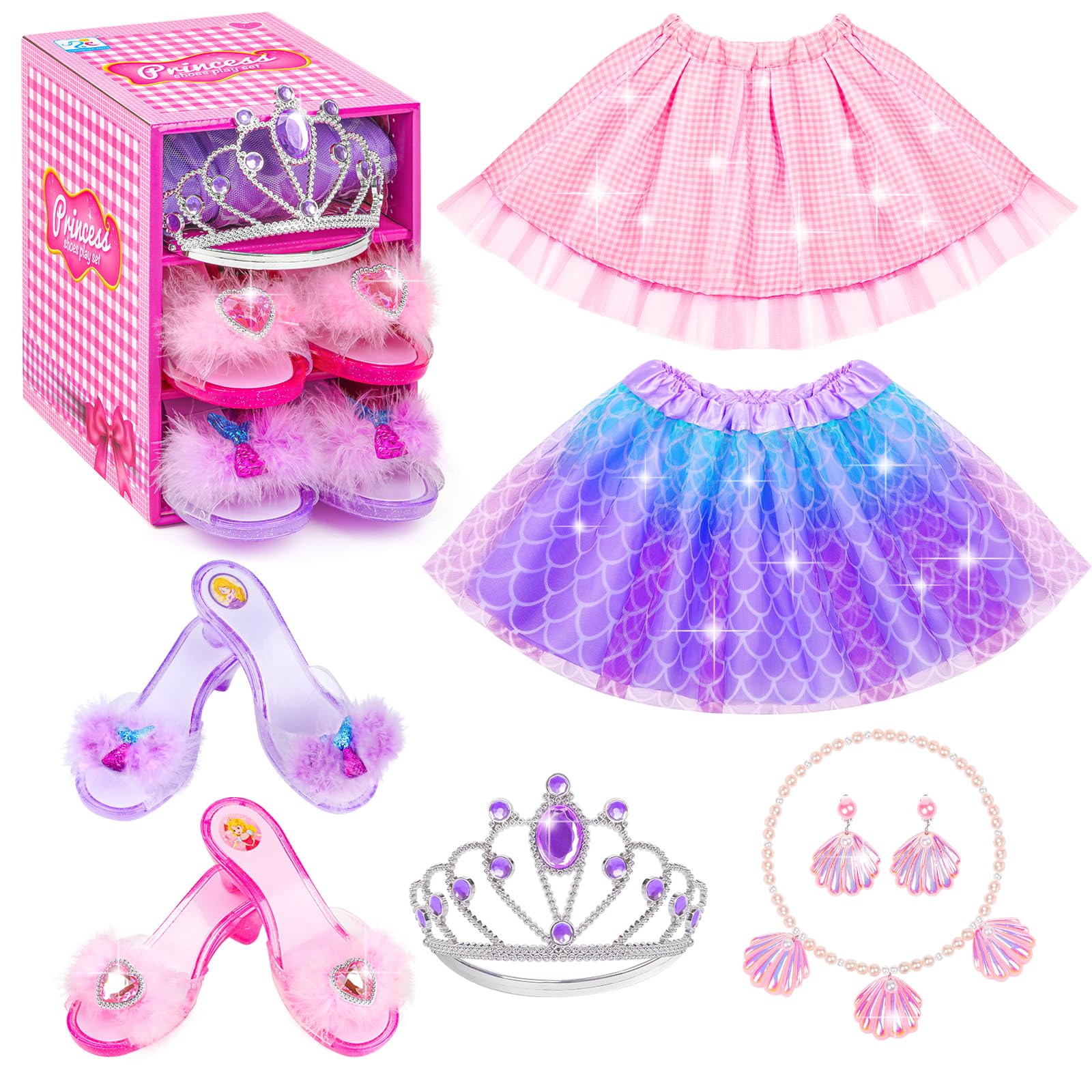 Princess Dress Up Shoes Set, Girls Dress Up Toys, Jewelry Boutique Necklace Earrings Crown, Princess Dresses Role Pretend Play Gifts Princess Toys for Girls Aged 3 4 5 6 Years Old