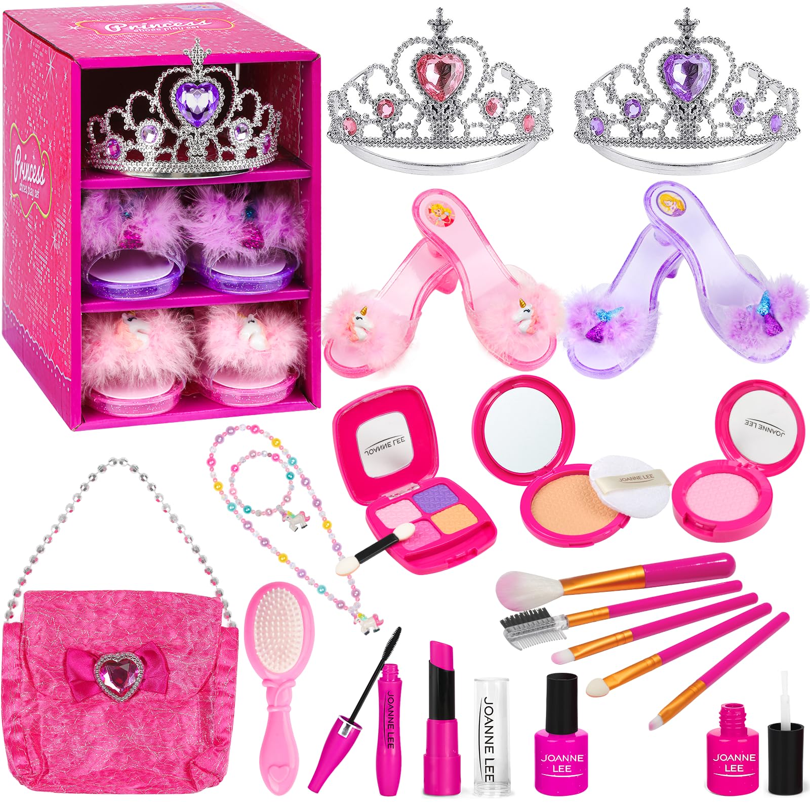 Kids Makeup Kit - Princess Dress Up Shoes, Crowns & Handbag - Pretend Play Fake Makeup Set for Girls, Ages 3-6
