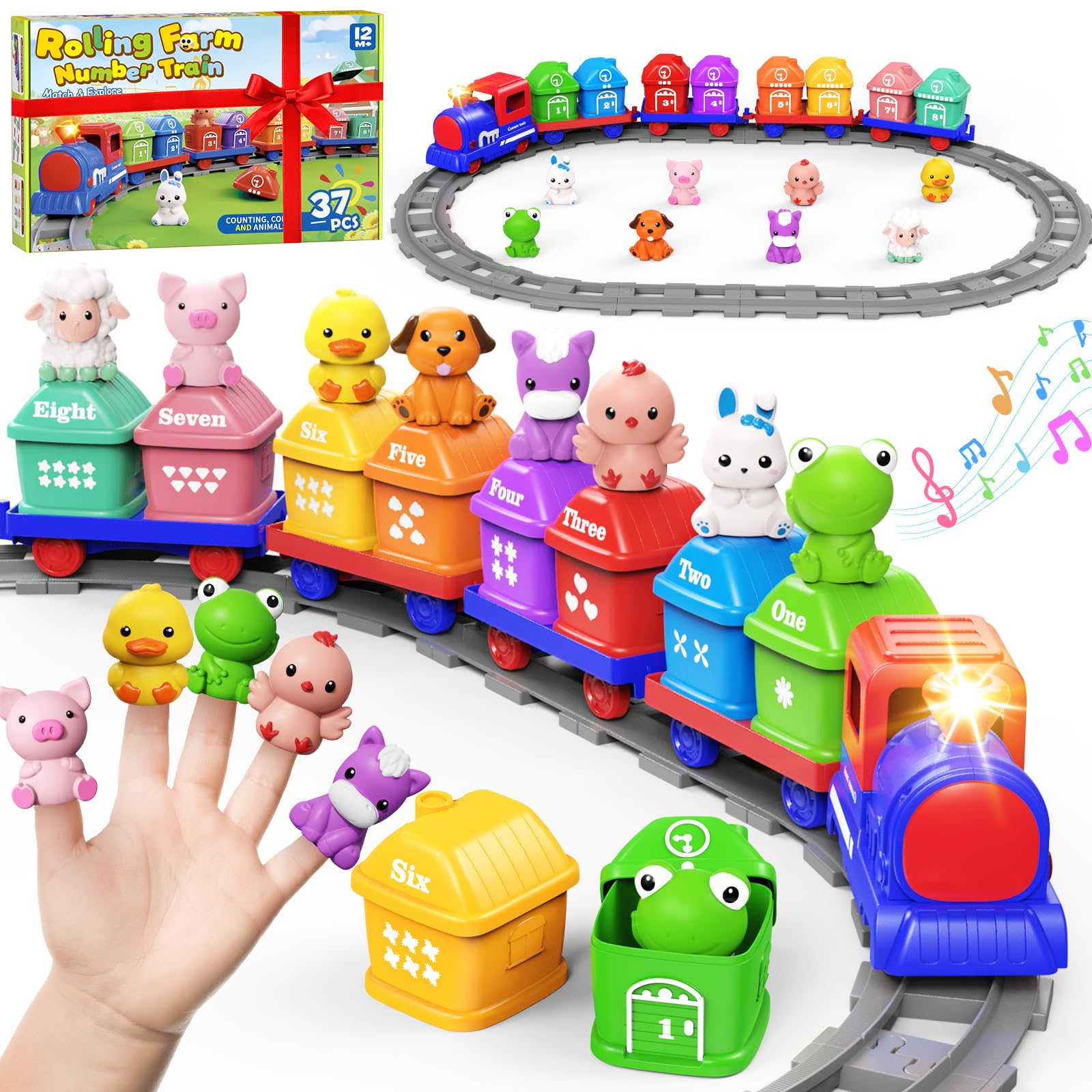 Train Set for Toddlers 2-4, Electric Toy Train with Farm Animals & Music & Lights, Montessori Counting & Sorting Learning Toys for 1 2 3 Year Old Boys Girls, Christmas Easter Birthday Gift