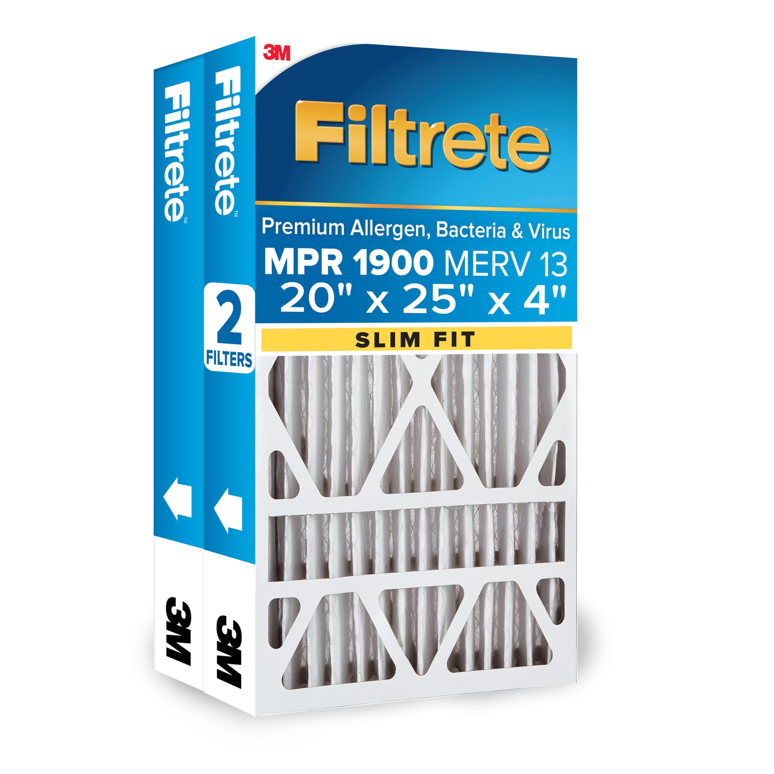 Filtrete 20x25x4 (SlimFit) AC Furnace Air Filter, MERV 13, MPR 1900, Premium Allergen, Bacteria & Virus, Electrostatic Air Cleaning Filter, 2-Pack (Actual Size 19.5x24.5x3.75 in)