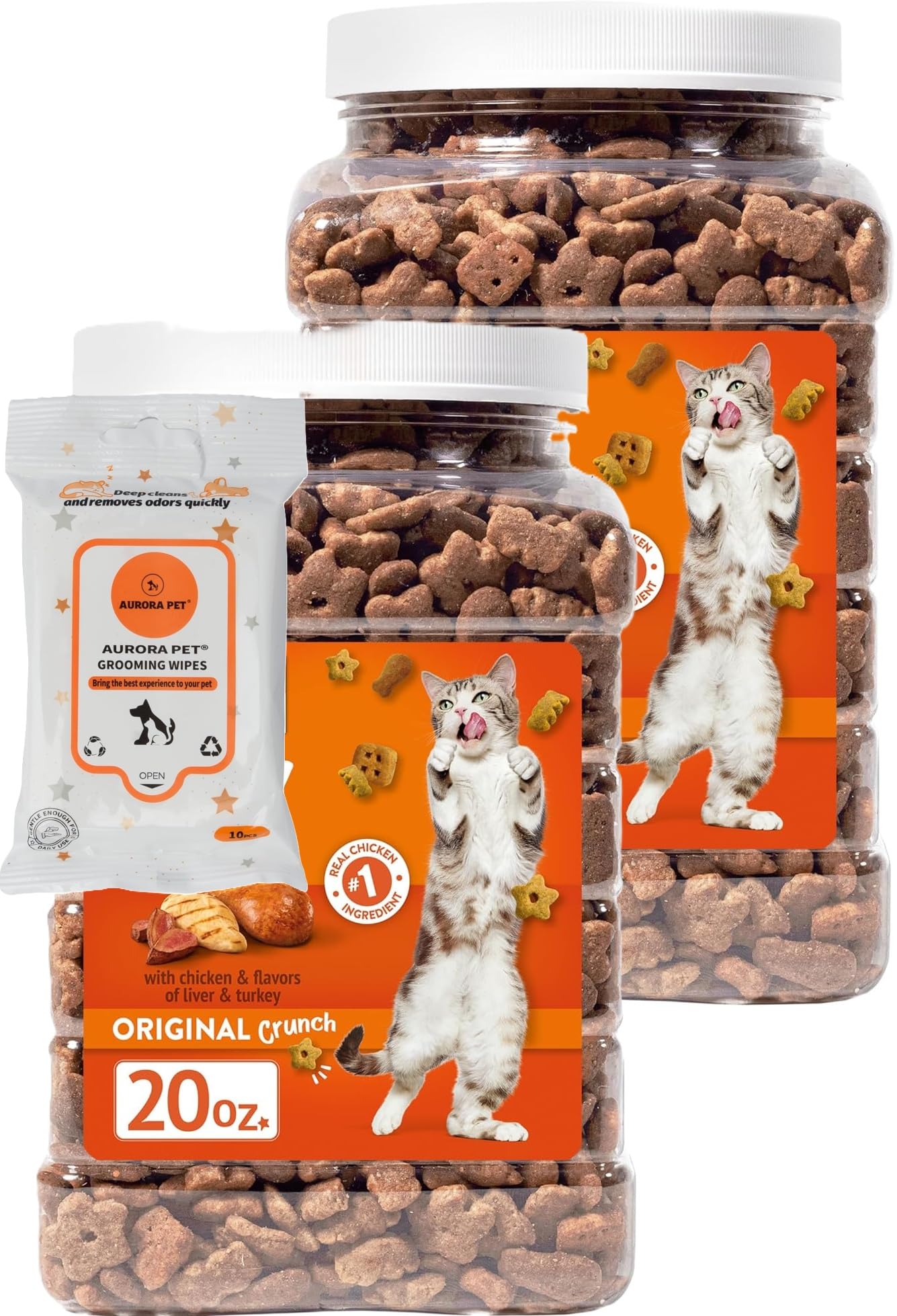 (2 Pack) 20 oz Original Crunch Chicken Cat Treats with AuroraPet Wipes