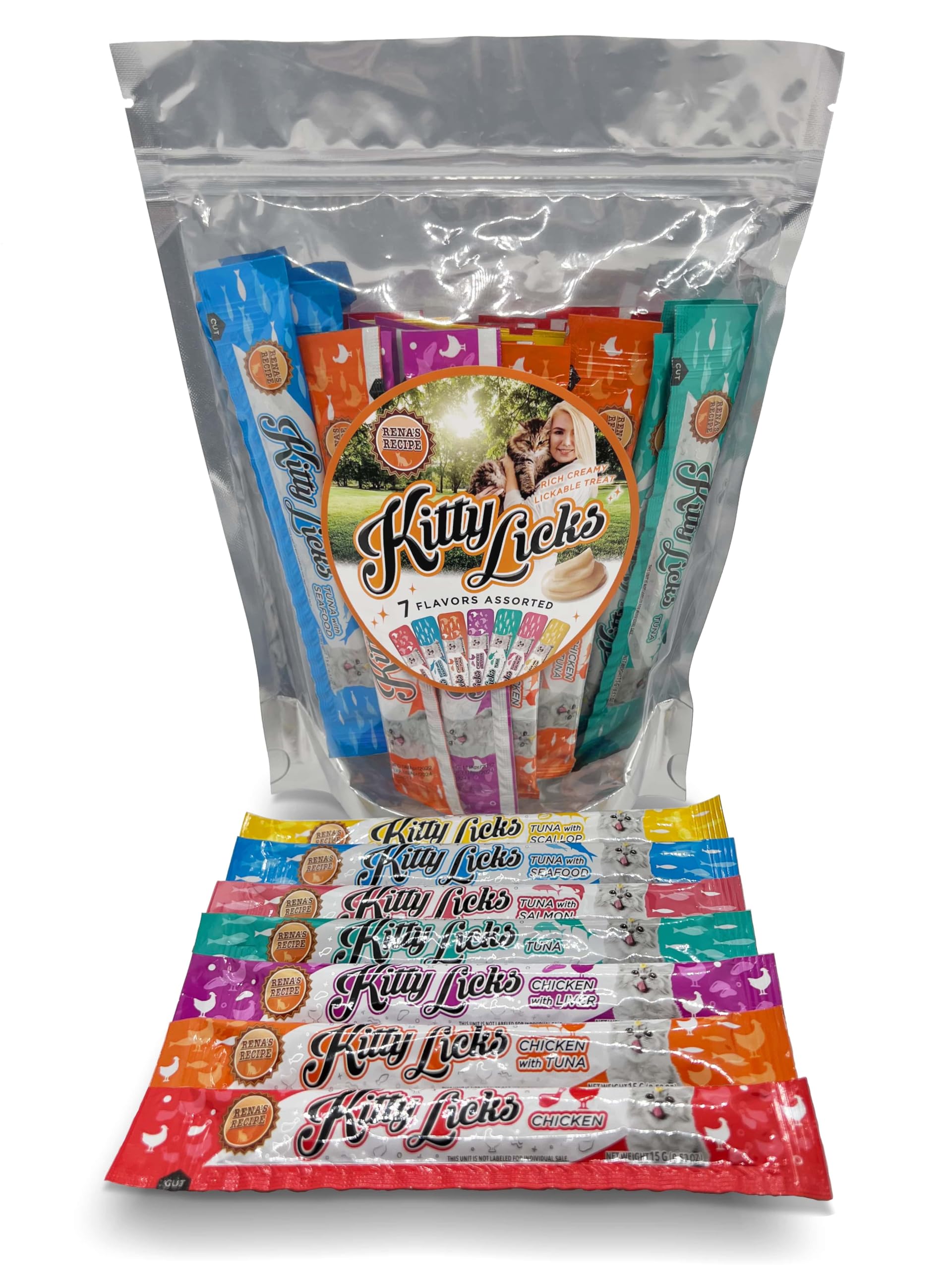 Rena's Recipe Kitty Licks Lickable Cat Treats Variety Pack 28 Tubes Creamy Cat Treat Purée 7 Flavors Tuna Chicken Grain Free Cat Squeeze Treats