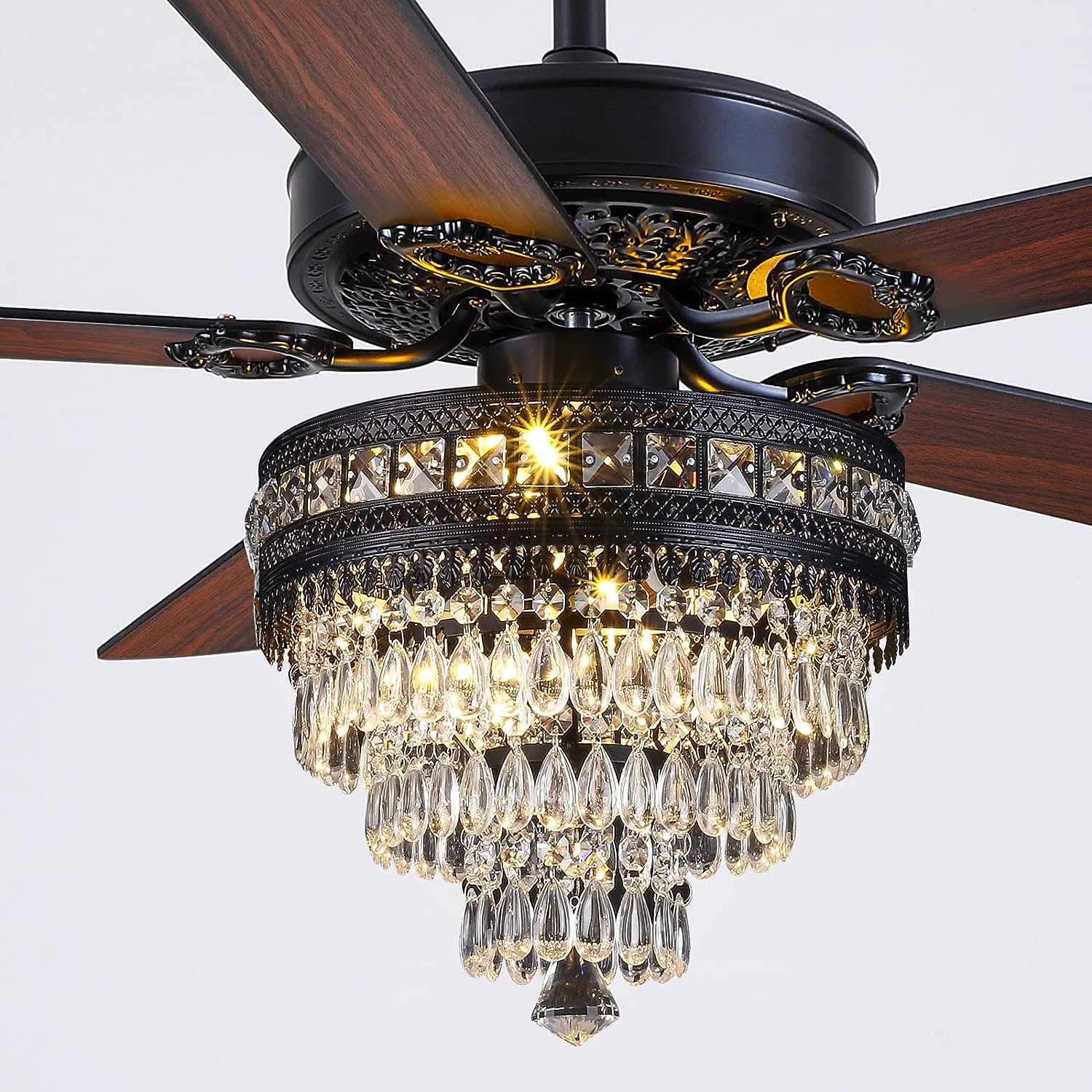 Asyko 50" Crystal Ceiling Fan Fandelier with Lights - Modern Black Chandelier Fans with Remote Control?Noiseless AC Motor, Retro/Farmhouse Lighting, Dining Room?Living Room