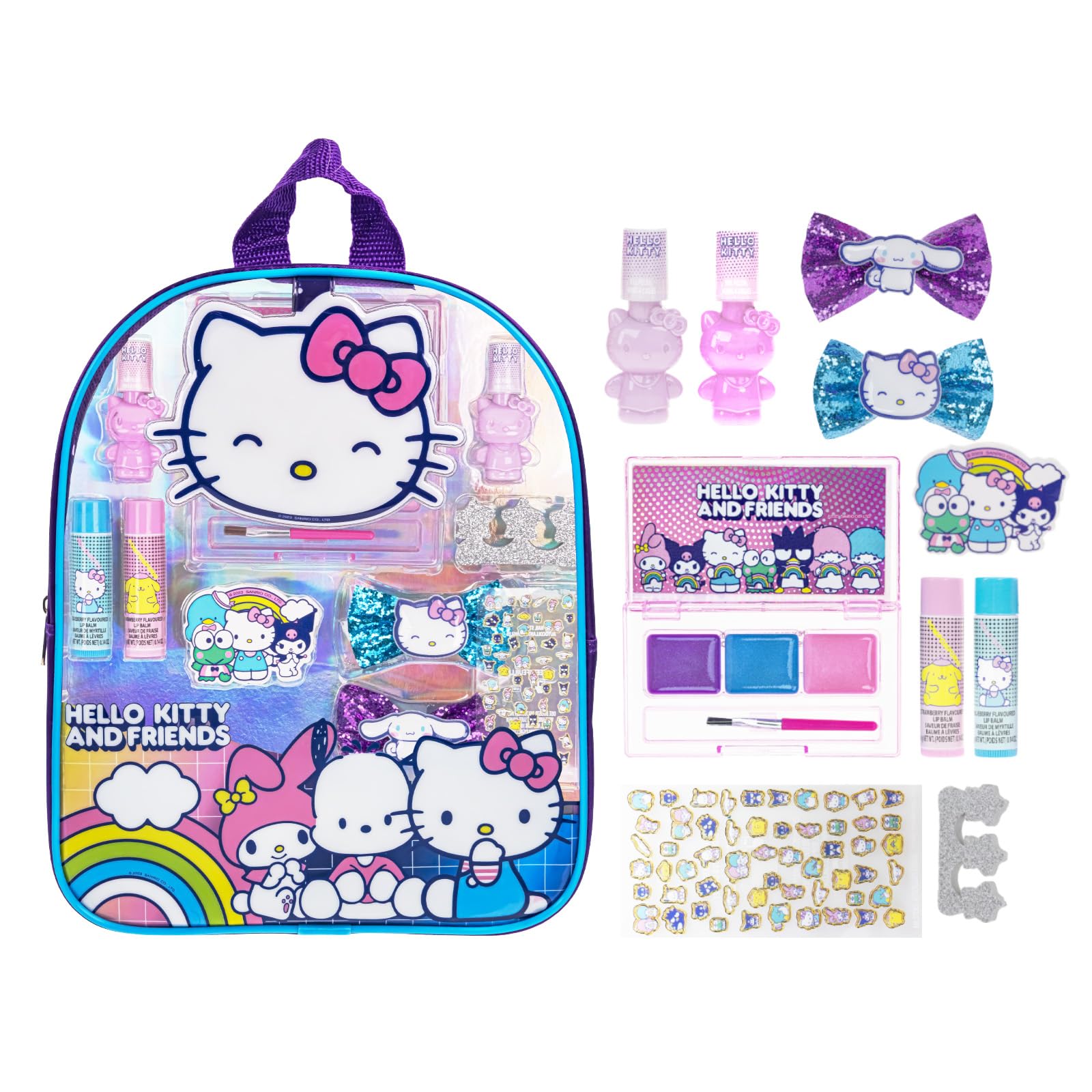 Hello Kitty and Friends Kids Makeup Set Backpack with 12 Pieces, Including Lip Gloss, Nail Polish, Nail Stickers and Other Accessories, for Girls Ages 3+, by Townley Girl