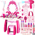 Toddler Vanity Kids Vanity Table and Chair Set, Girls Makeup Table with Mirror Lights & Music, Pretend Play Dress Up Toys with Hair Dryer, Princess Crown & Wand, Storage Bag, Gifts for Girls Age 3 4 5