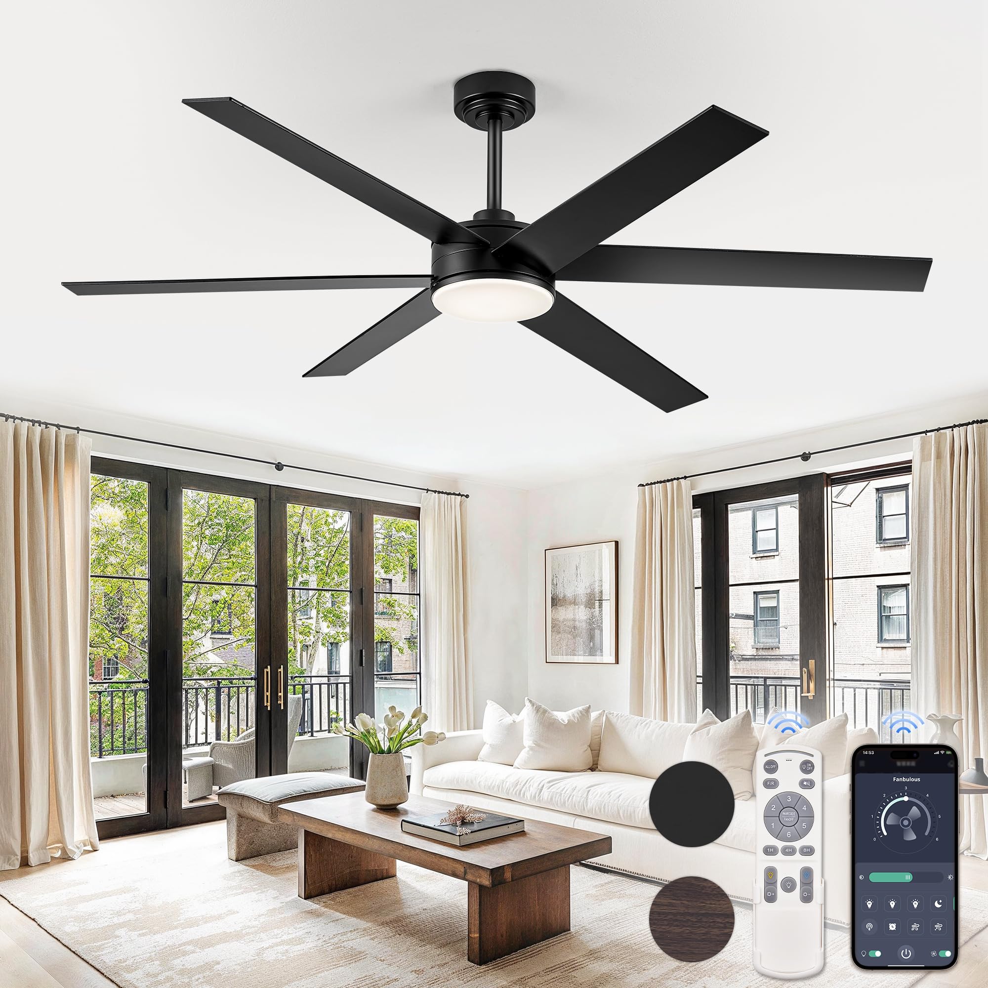 Fanbulous 60 Inch Ceiling Fans with Lights and Remote, Reversible 6 Blades & Dimmable 3-Color Outdoor Ceiling Fans for Patios, DC Motor Large Ceiling Fan for Indoor or Covered Outdoor-Black