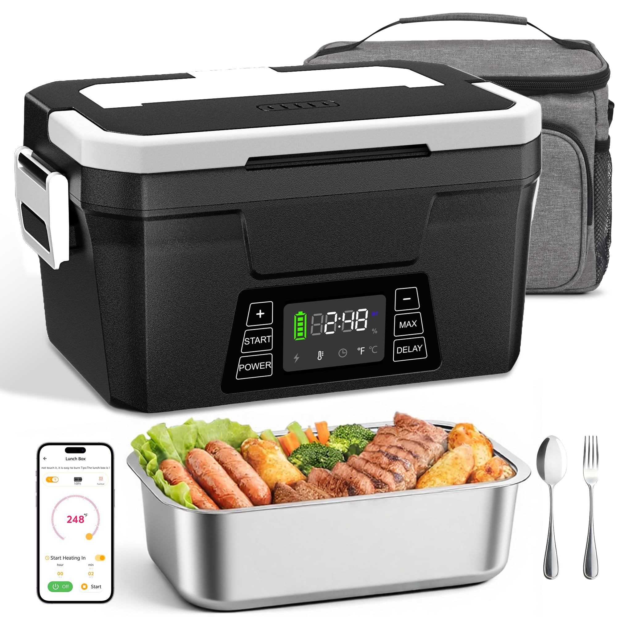 Cordless Electric Lunch Box for Adults, App Control Heated Lunch Box with Detachable Battery, 1.2L Self Heating Lunch Box with Timer, Memory & Auto Keep Warm for Work Travel Outdoor