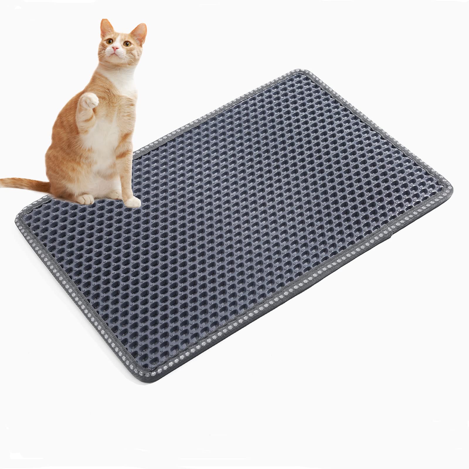 Cat Litter Mat 21 x 14 Inch, Double Layer EVA Honeycomb Kitty Litter Trapping Mat, Waterproof Urine Proof Non Slip Litter Box Floor Pad, Easy to Clean Scatter Control Mat, Grey