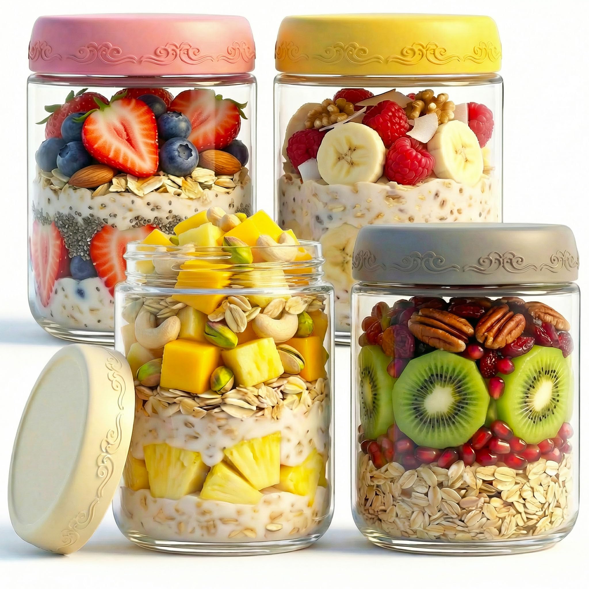 16 OZ 4Pack, Overnight Oats Jars with Lids, Glass Meal Prep Containers, Airtight Mason Jars for Breakfast, Yogurt Parfait, Salad & Smoothies, Leakproof and Reusable Food Storage Jars(4-2)