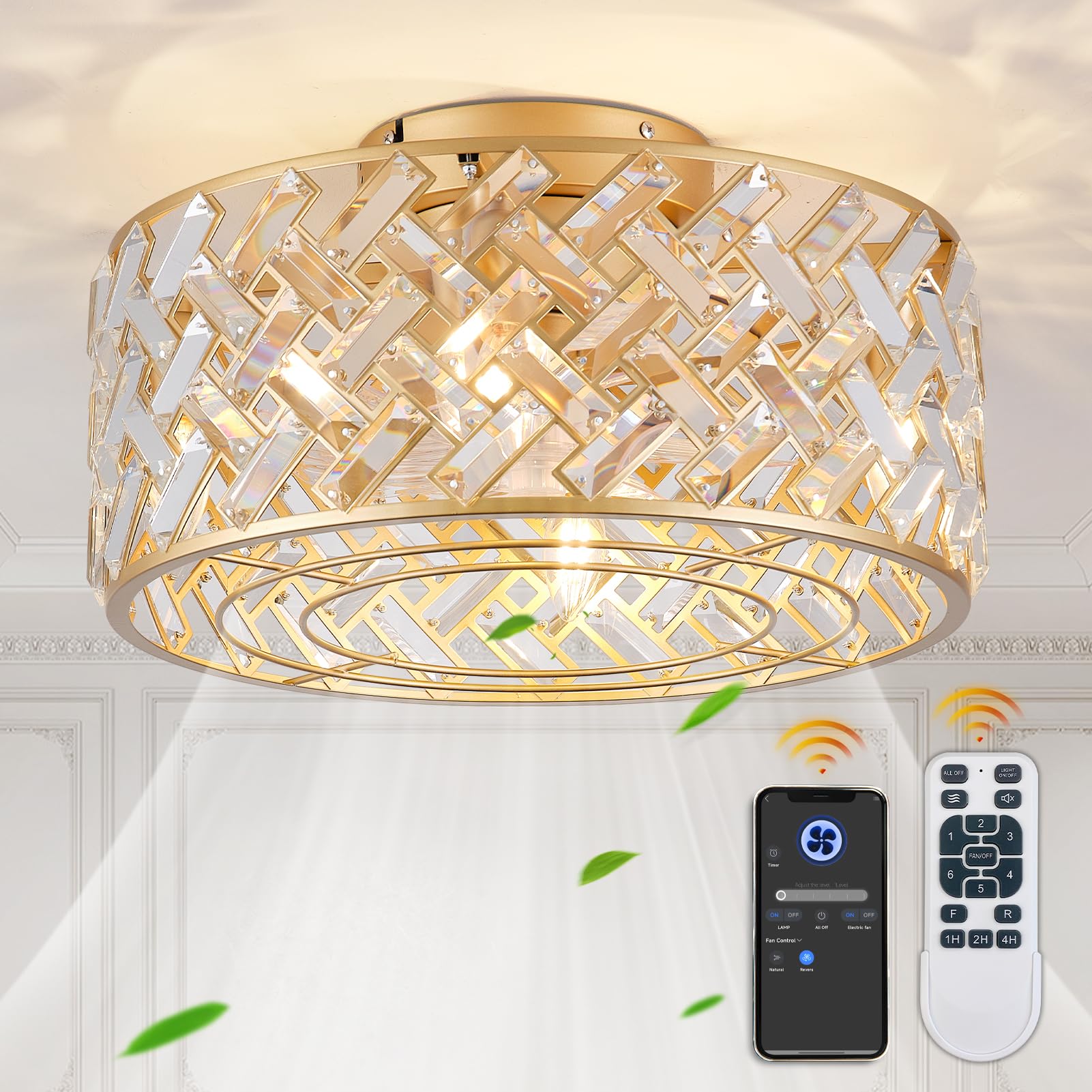 18 Inch Caged Ceiling Fans with Lights, Low Profile Crystal Fandelier Ceiling Fan with Lights and Remote & App Control for Low Ceilings Flush Mount Installation Indoor, Bulb Included Gold