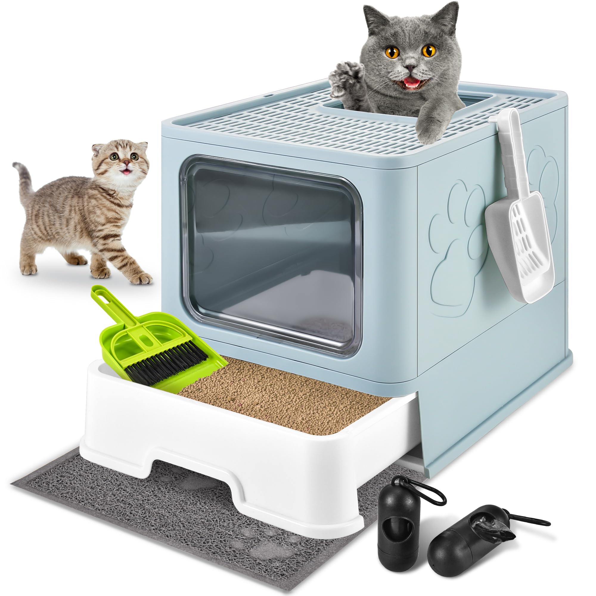 Covered Cat Litter Box with Litter Mat, Foldable Extra Large Dual Entry Adjustable Door, Drawer Design Enclosed Kitty Litter Box, Odor Control Anti-Splashing Easy Cleaning(Blue)