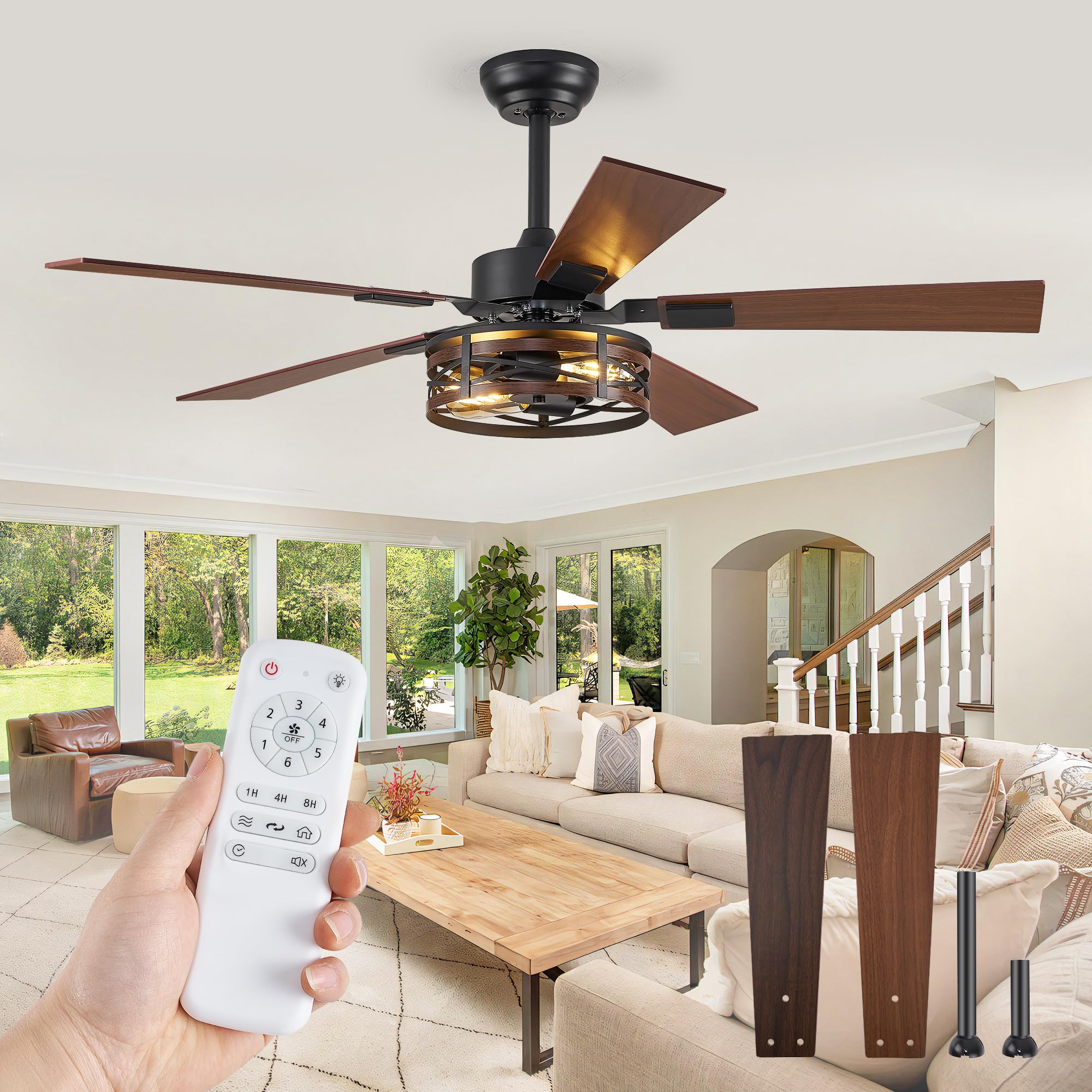 Fanbulous Farmhouse Ceiling Fans with Light, 48 Inch Bedroom Ceiling Fan with Lights, 6-Speed Adjustable, Quiet and Reversible DC Motor, Dual Finish 5 Blades, Rustic Caged Ceiling Fan for Living Room
