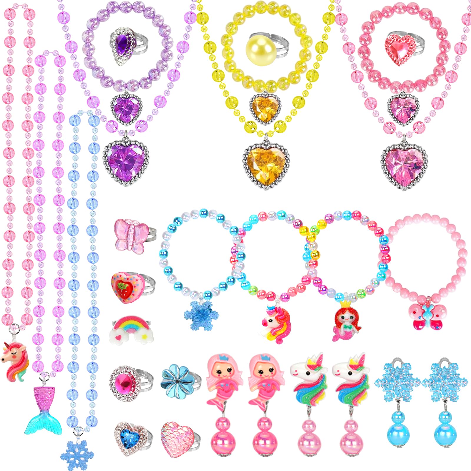 Kids Play Jewelry Sets, Princess Toys for Girls 4-6, 29 Pcs Little Girl Costume Jewelry, Unicorn Necklaces, Bracelets, Rings, Earrings, Dress Up Birthday Easter Gifts for Kids Pretend Play Party Favor