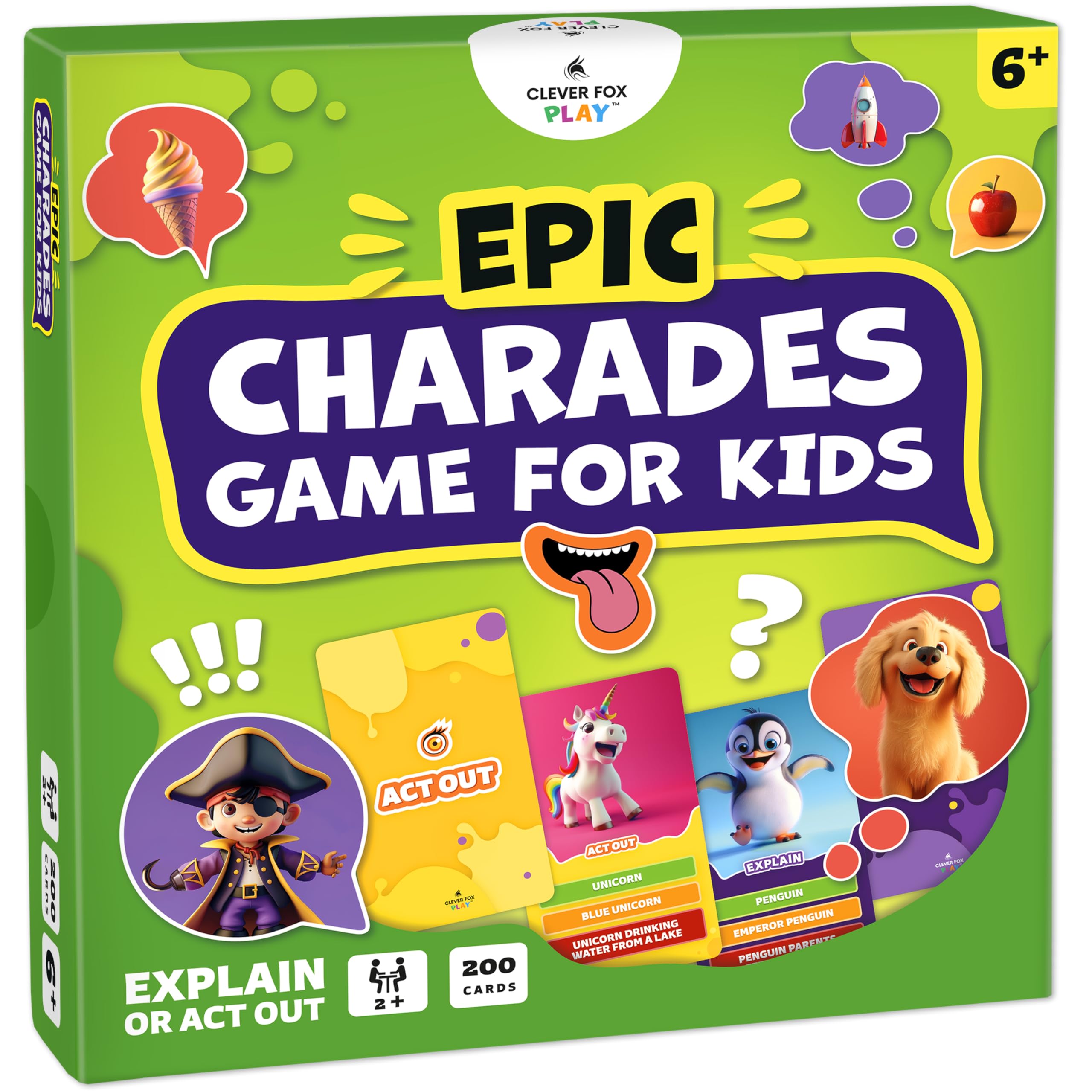 Clever Fox Play Epic Charades Game for Kids Ages 6+ – 200 Act Out & Explain Cards with Illustrations & Timer – Fun Educational Games for Kids 8-12 for Family, Party, Classroom & Travel