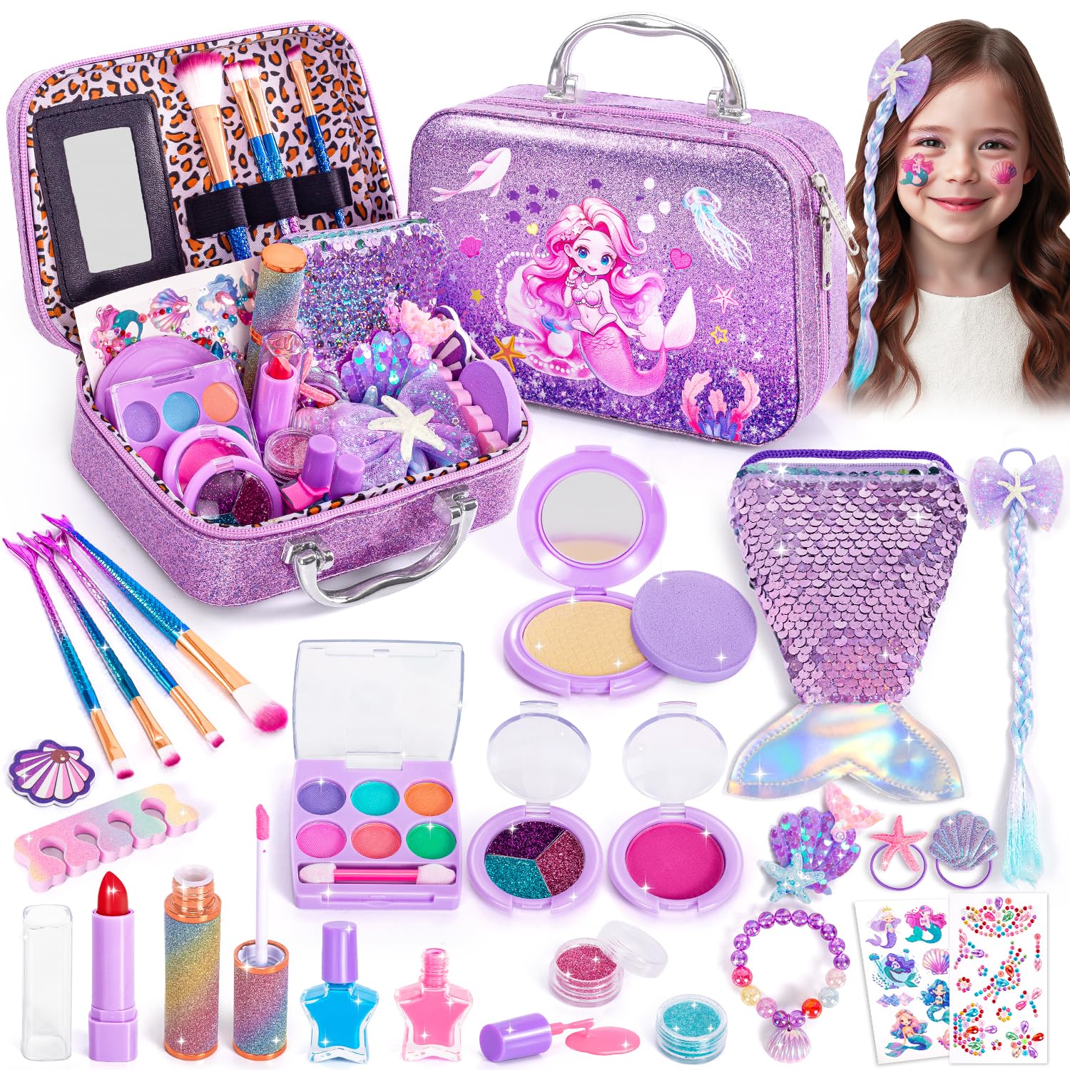 Hohosunlar Kids Makeup for Toddlers Toys, Washable Make Up Set Non-Toxic Mermaid Toys for Girls, Kids Hair, Nail Polish, Brushes, Purse Accessories, Princess Christmas Birthday Gift Toys for Girls 3+