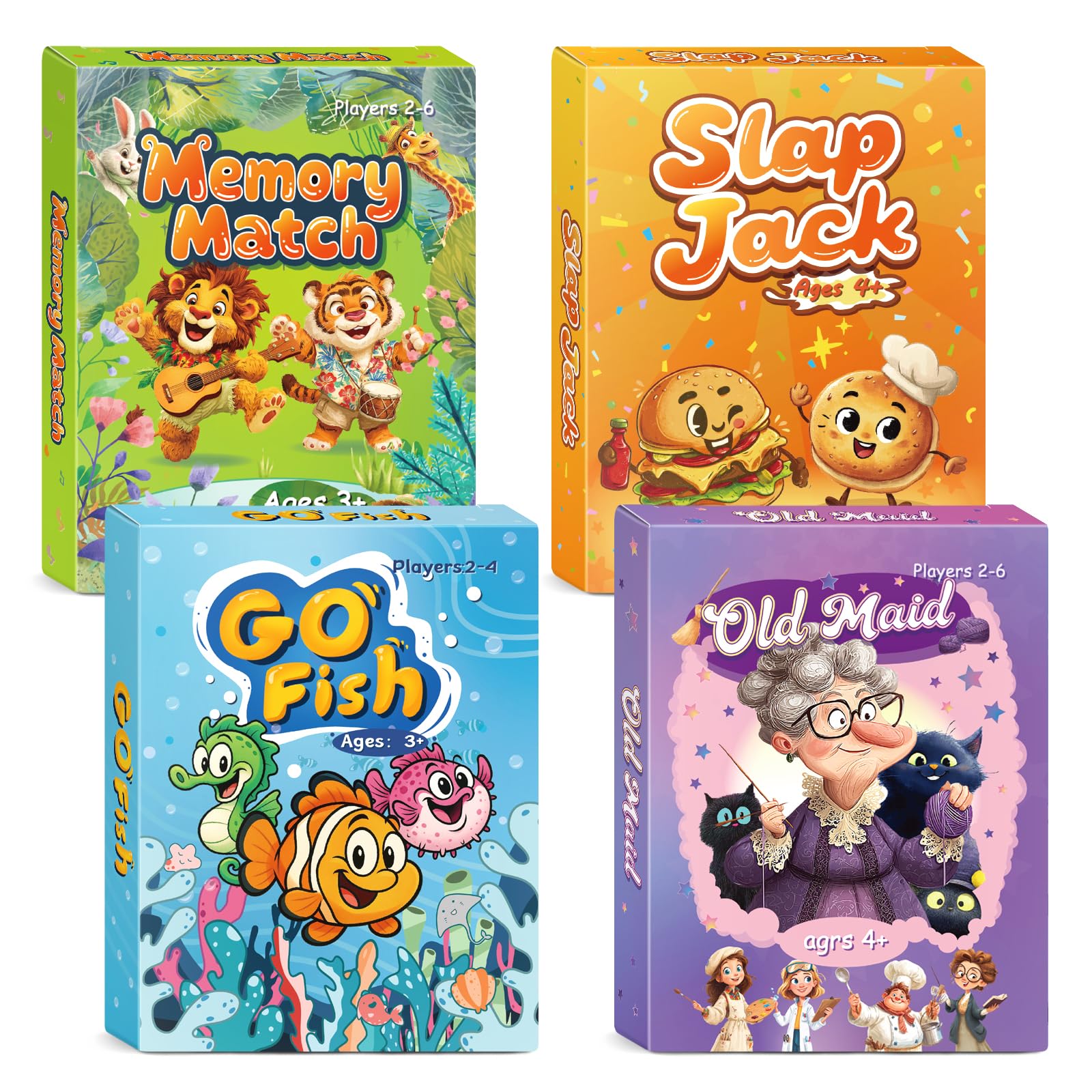 Card Games for Kids: Go Fish, Old Maid, Slap Jack, and Memory Match — 4 Decks in 1 Pack. Classic Kids Card Games for Family Game Night, Perfect for Toddlers, Kids