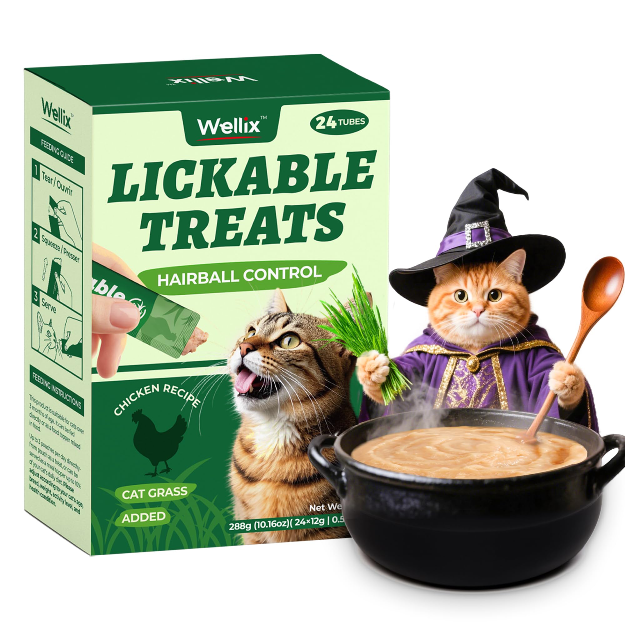 Wellix Lickable Cat Treats Healthy - Grain-Free Chicken&Cat Grass Flavor Kitten Snacks (24 Count) - Squeezable Up Cat Treats for Hairball Control&Gut Healthy