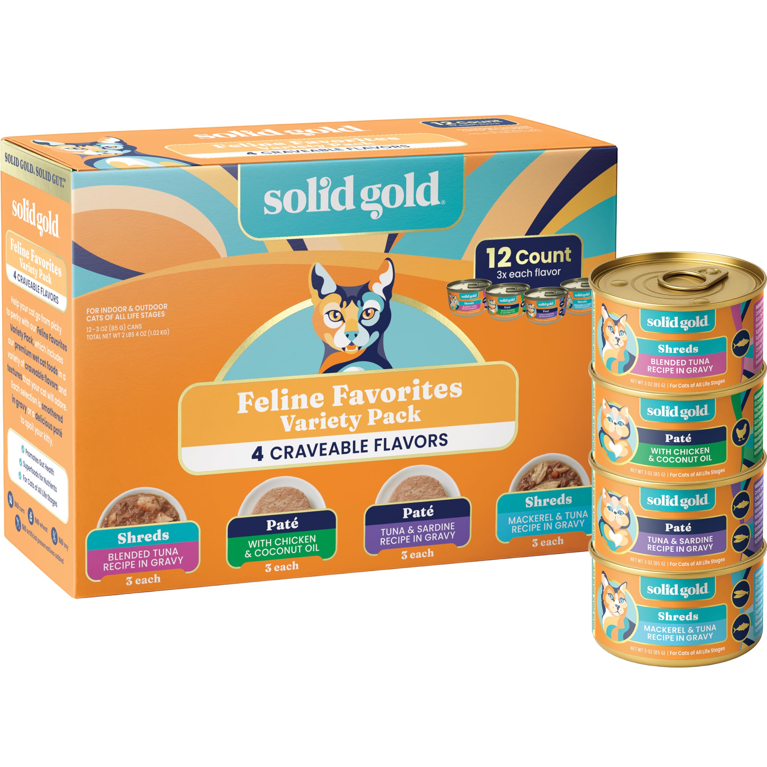 Solid Gold Wet Cat Food Variety Pack - Pate & Shreds in Gravy - Healthy Canned Cat Food Pate w/Real Chicken, Tuna, Mackerel & Sardine - Grain Free & Gluten Free Can Meals for Cats & Kittens - 12ct/3oz