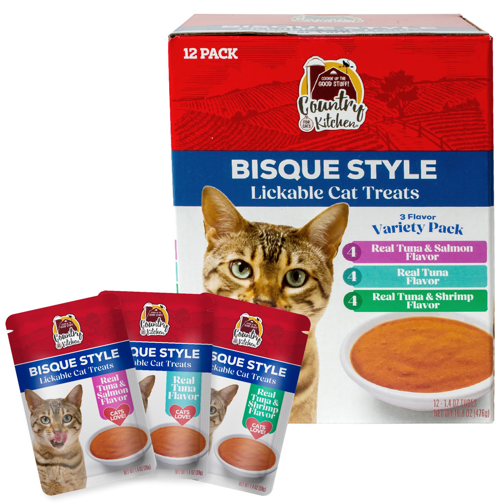 Country Kitchen, Bisque Style Lickable Cat Treats, 3 Flavor Variety Pack, Made with Real Tuna, Shrimp and Salmon, 5 oz. Tubes, 12 Count