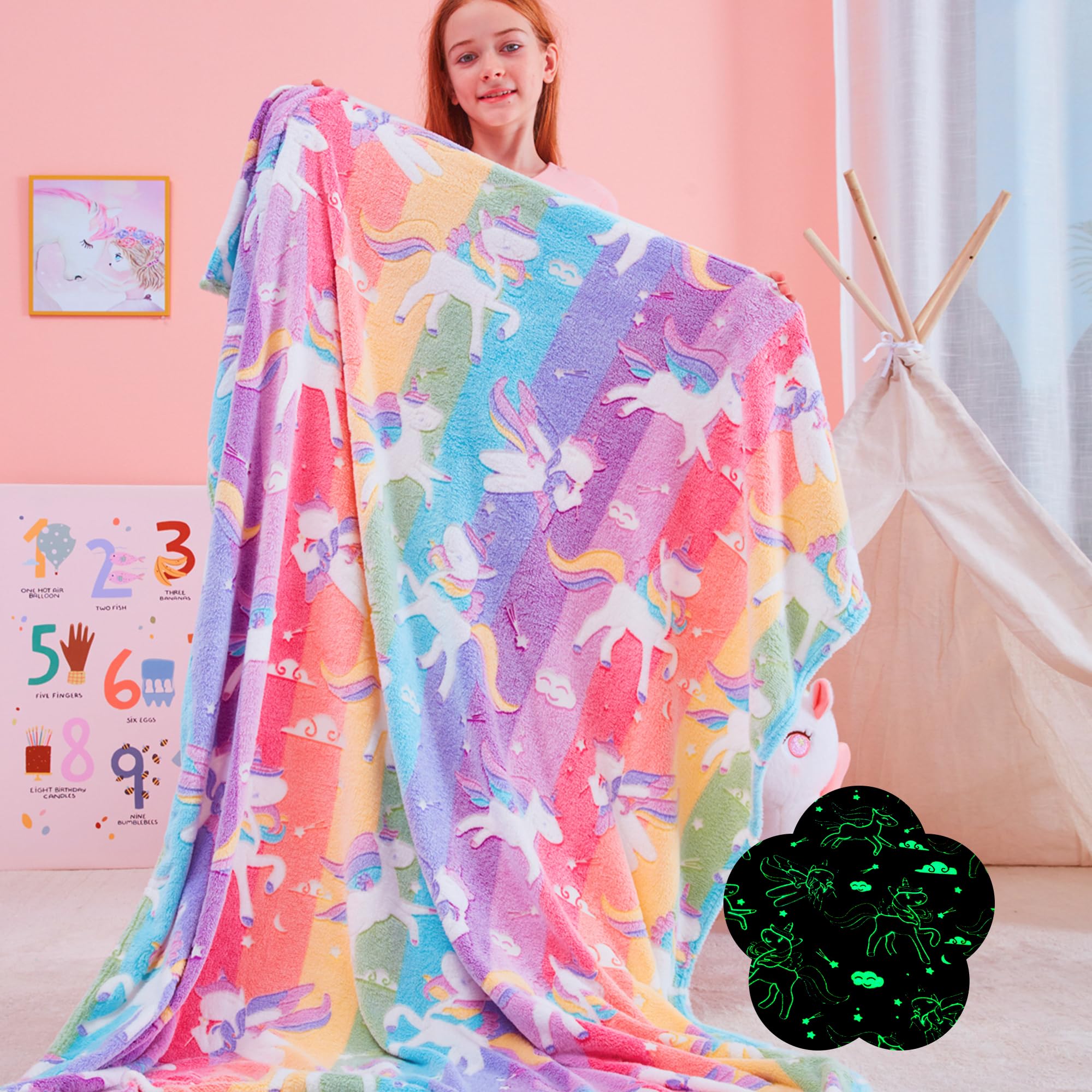 QSTEHEML Glow in The Dark Unicorn Blanket,Birthday Gift for Girls Age 3-12 Years Old, Unicorns Toys Girls Presents for Kids, Soft Rainbow Throw Blanket 50"×60"
