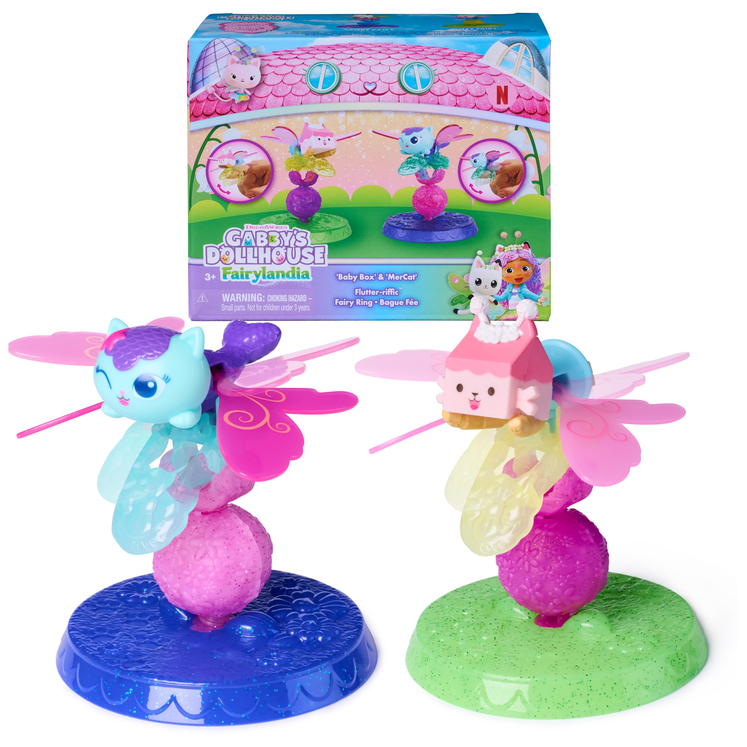 Gabby's Dollhouse Fairylandia, Baby Box & Mercat Flutter-riffic Fairy Rings 2-Pack with Display Stands, Kids Toys for Girls & Boys Ages 3 and Up