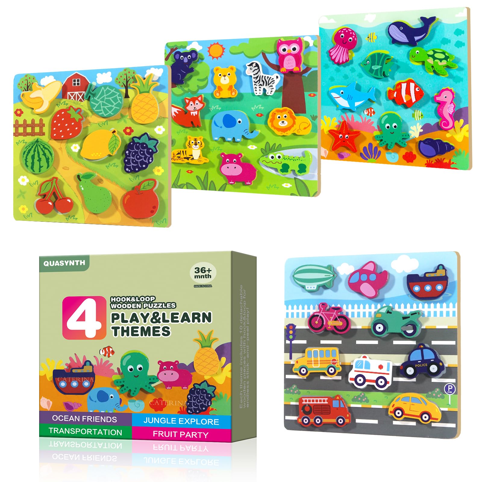 Montessori Puzzles for Toddlers | 4-in-1 Hook & Loop Wooden Puzzles | Early Learning Toys for Jungle Ocean Transportation Fruit Themes