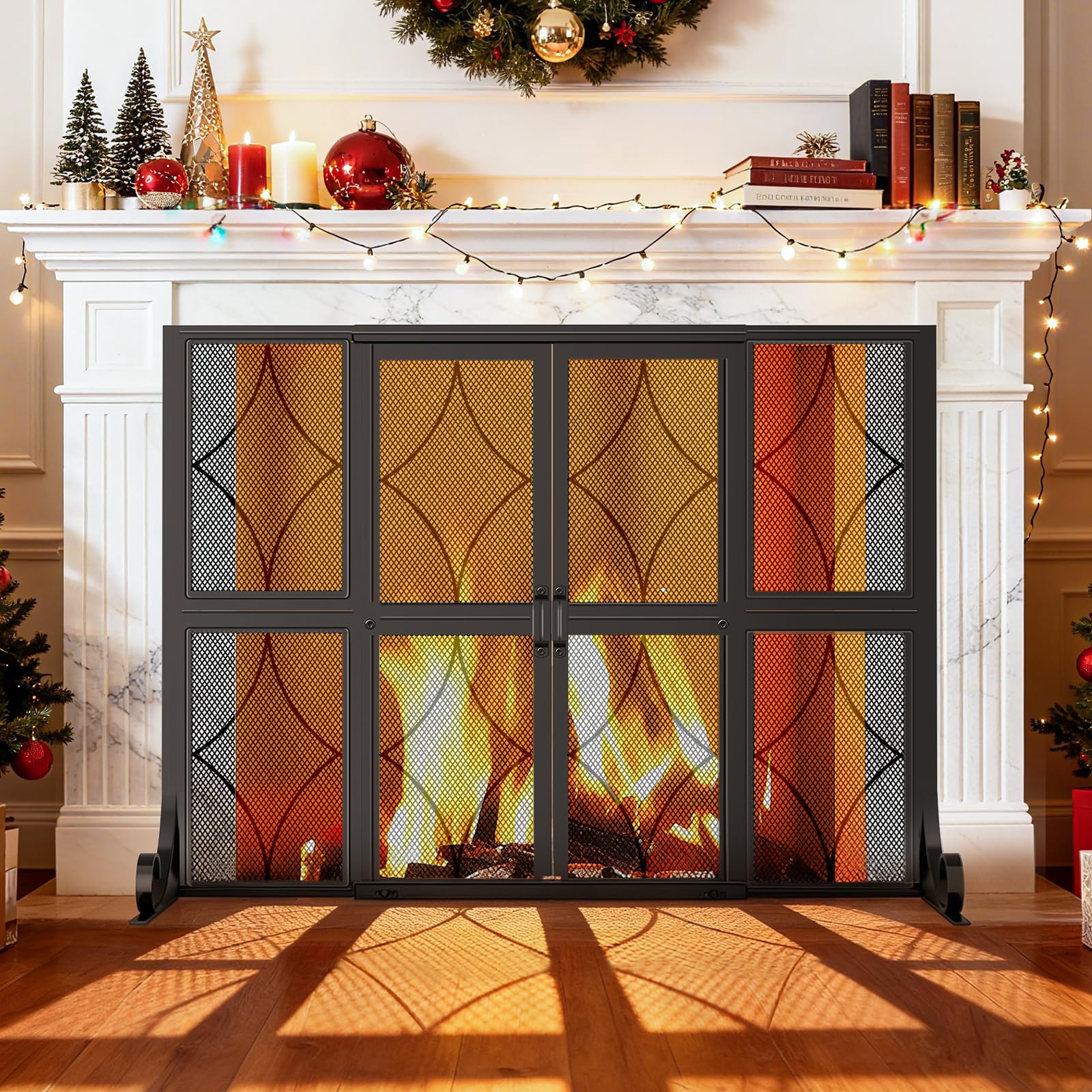 Fireplace Screen with Sliding Doors, 37.8" W x 30.7" H Modern Wrought Iron Spark Guard Cover for Christmas Decorative, Baby and Pet Proof, Large