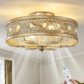 Gold Caged Ceiling Fan with Lights 19 Inch Vintage Crystal Fandelier Enclosed Bladeless Ceiling Fan with Remote Flush Mount Low Profile Ceiling Fan for Bedroom Living Room Kitchen