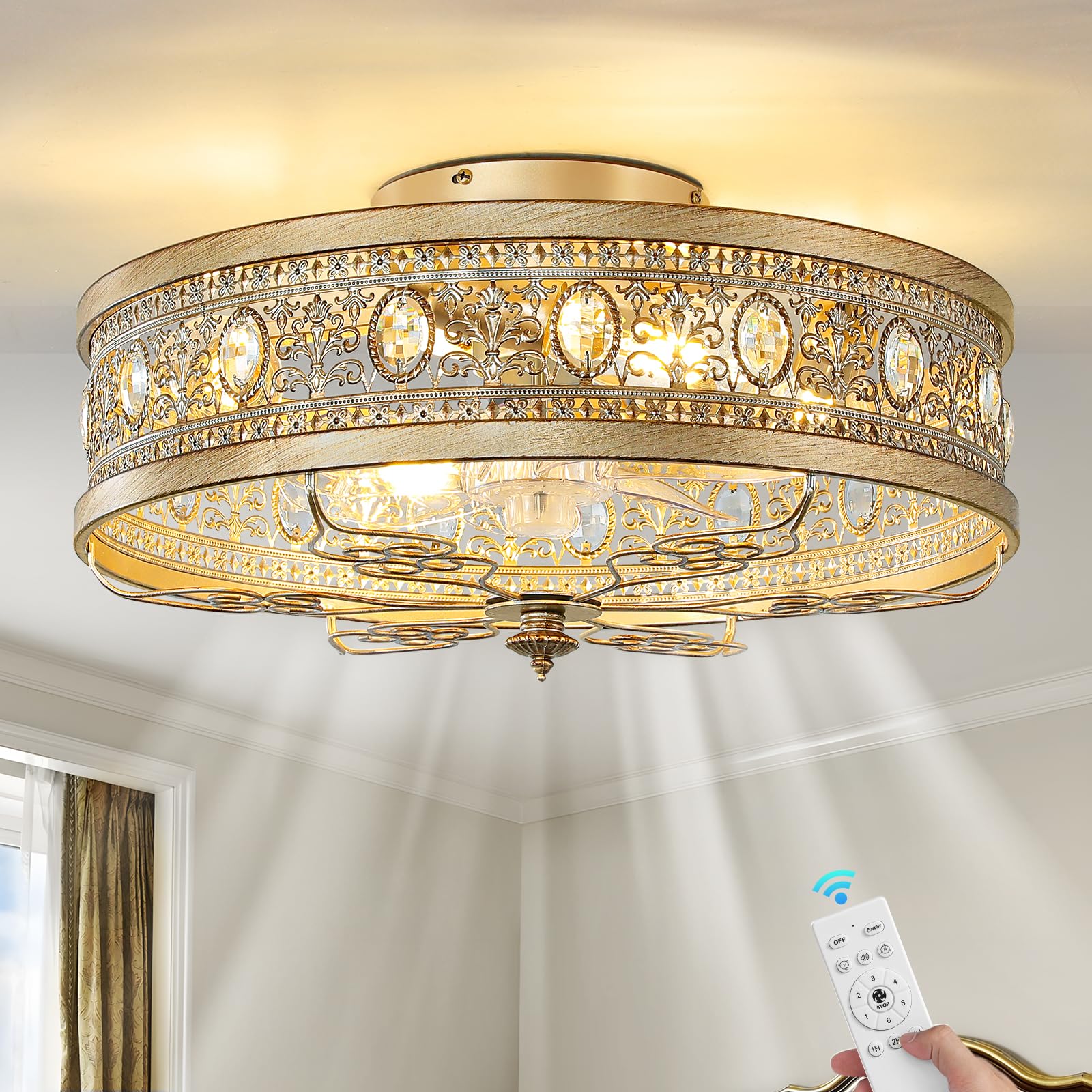 Gold Caged Ceiling Fan with Lights 19 Inch Vintage Crystal Fandelier Enclosed Bladeless Ceiling Fan with Remote Flush Mount Low Profile Ceiling Fan for Bedroom Living Room Kitchen