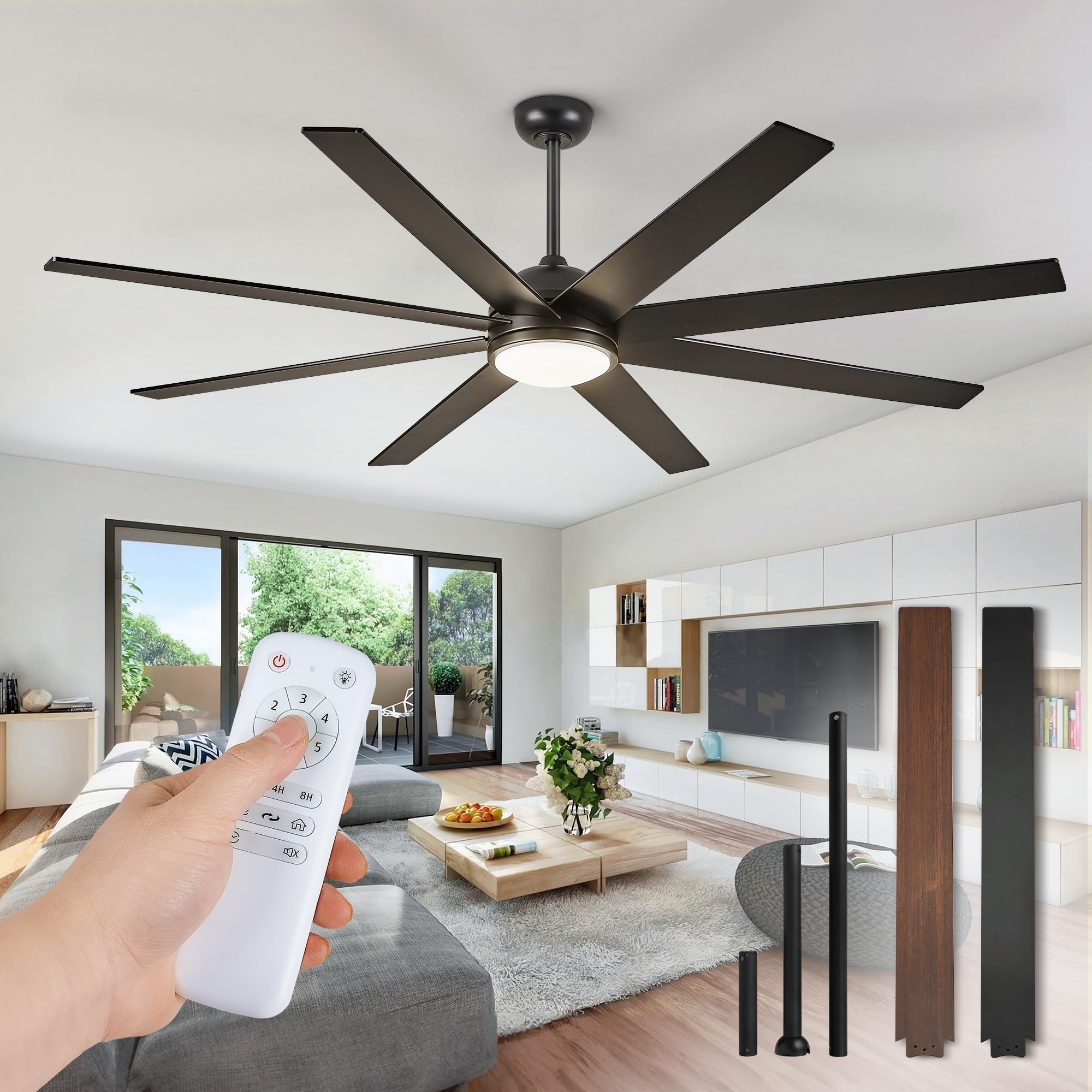 Fanbulous 65 Inch Ceiling Fans with Lights and Remote, Black Indoor/Outdoor Ceiling Fan with Quiet Reversible DC Motor, 6 Speeds, 3CCT, 8 Blades Large Ceiling Fan for Living Room Bedroom Patio
