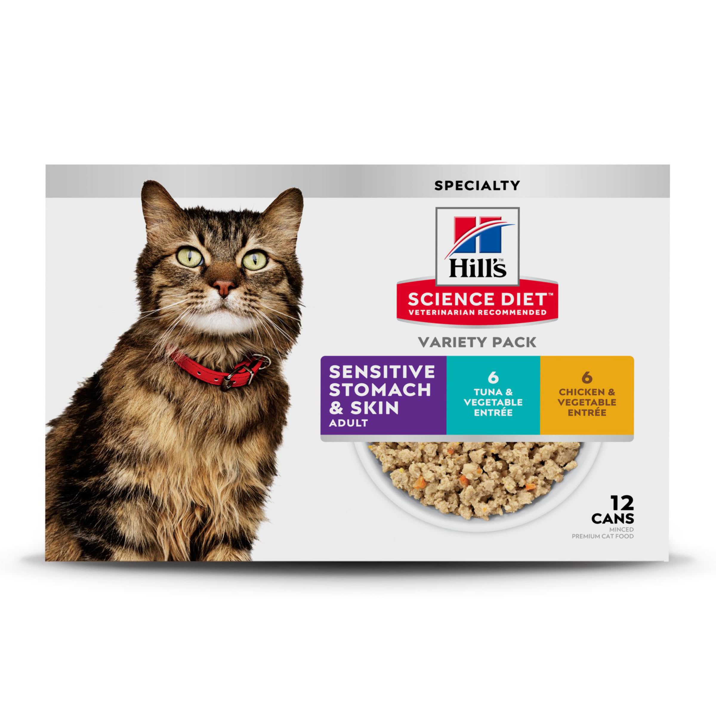 Hill's Science Diet Adult Sensitive Stomach & Skin Wet Cat Food Variety Pack, Tuna & Vegetable, Chicken & Vegetable, 2.9 oz. Cans, 12-Pack