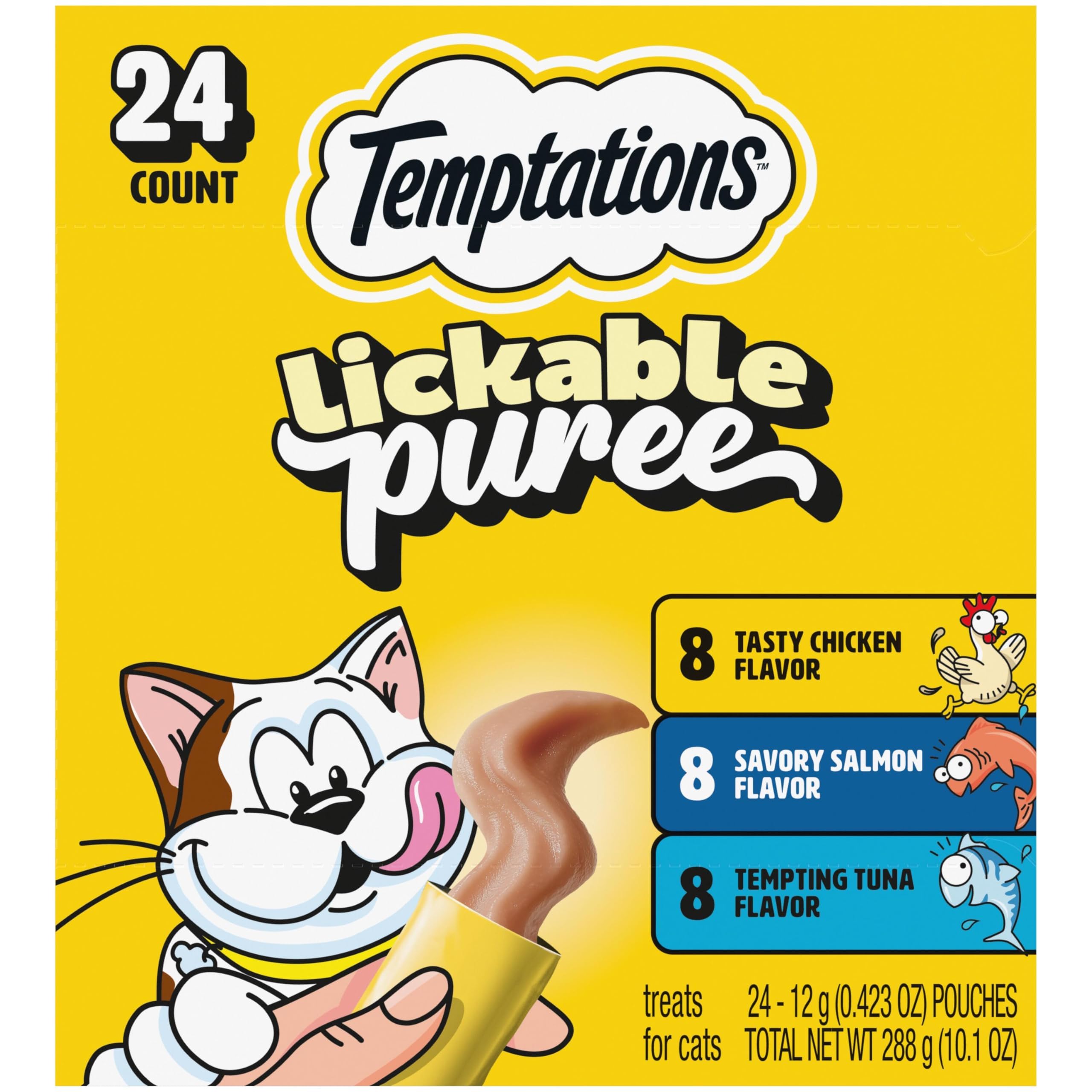Temptations Creamy Puree Squeezable Lickable Cat Treats, Wet Cat Treats with Chicken, Salmon, and Tuna Variety Pack, 0.42 oz. Tubes, 24 Count