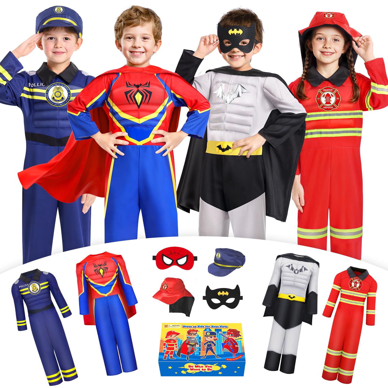 Jeowoqao Costumes for Kids Boys Dress up Clothes for Role Play, Boys Muscle Chest Dress up Costumes with Policeman, Fireman Costume for Toddler Boy 3 4 5 6 Years Christmas Birthday Gifts